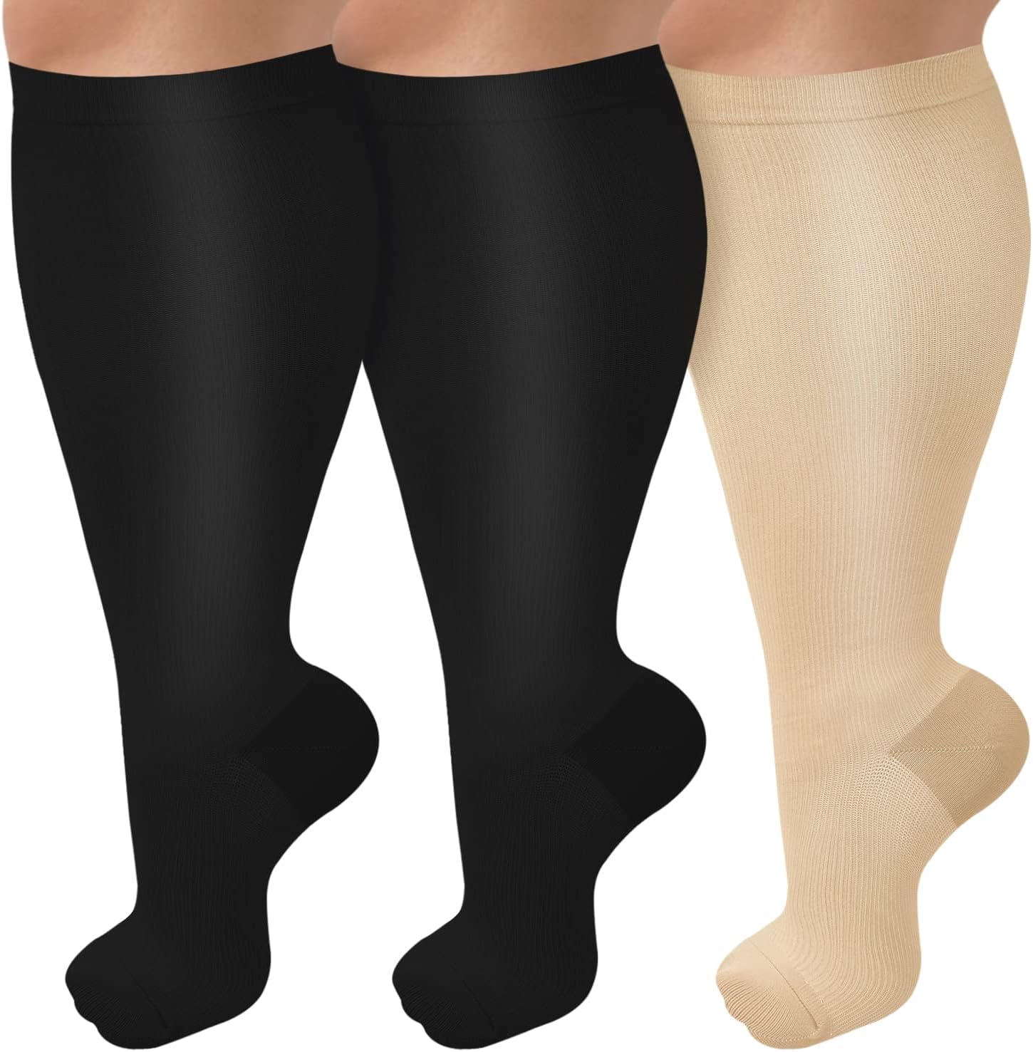 3 Pack Plus Size Compression Socks for Women & Men, 15-20mmHg Extra Wide Calf Kn...