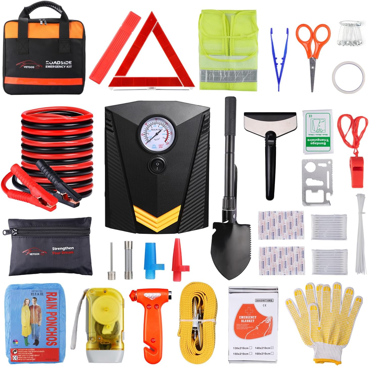 Vetoos Car Roadside Emergency Kit with Jumper Cables, Auto Vehicle Safety Road S...