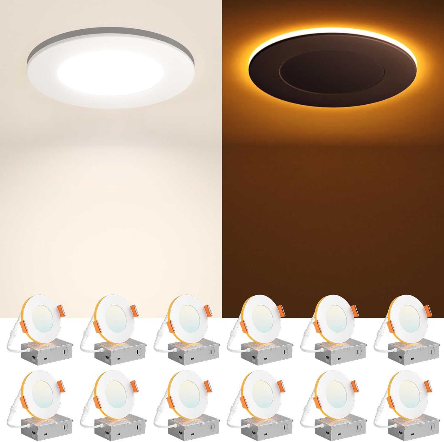 Amico 12 Pack 3 Inch 5CCT LED Recessed Ceiling Light with Night Light, 2700K/300...