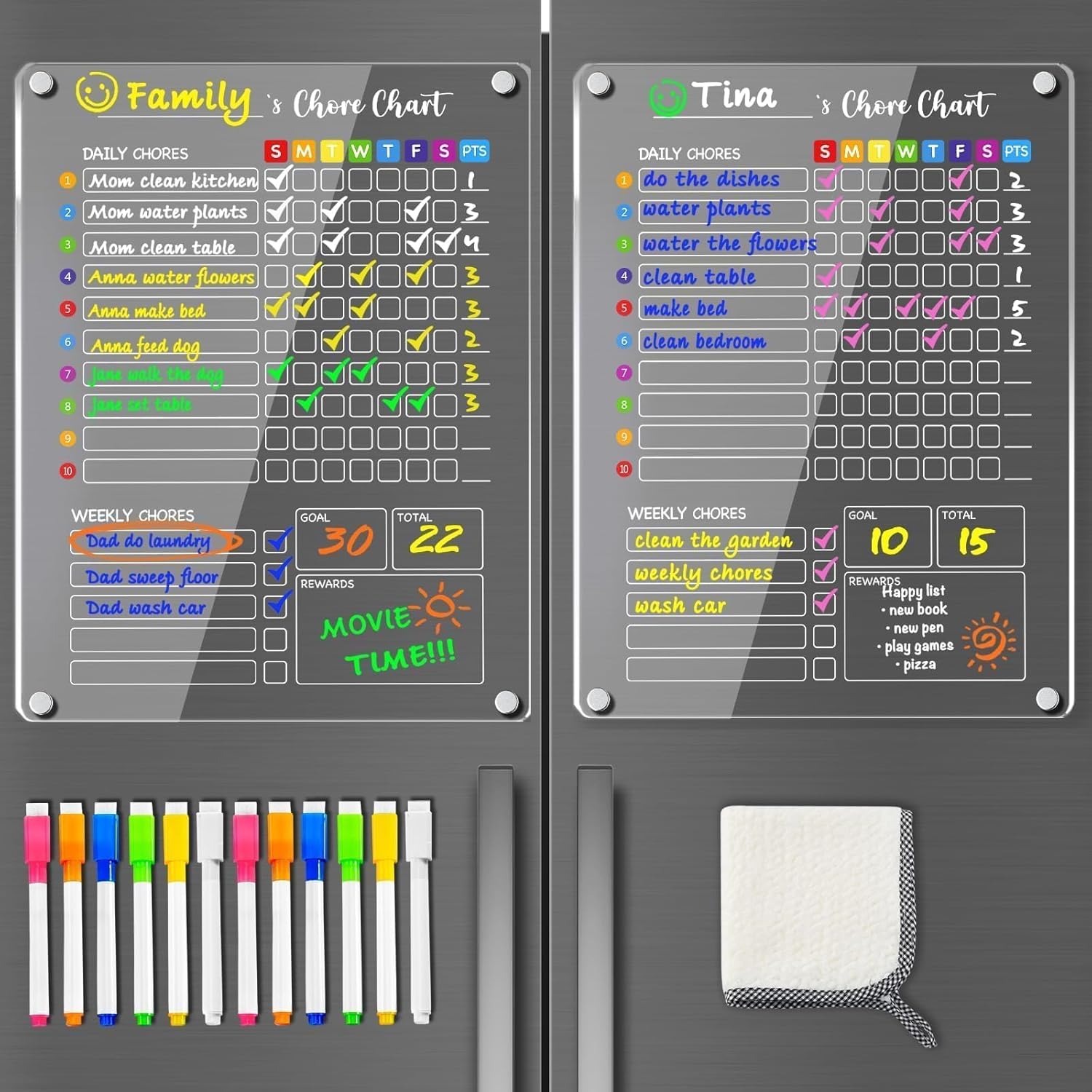 PigPotParty Magnetic Acrylic Chore Chart for Kids Multiple Kids, 12"x 16" Respon...