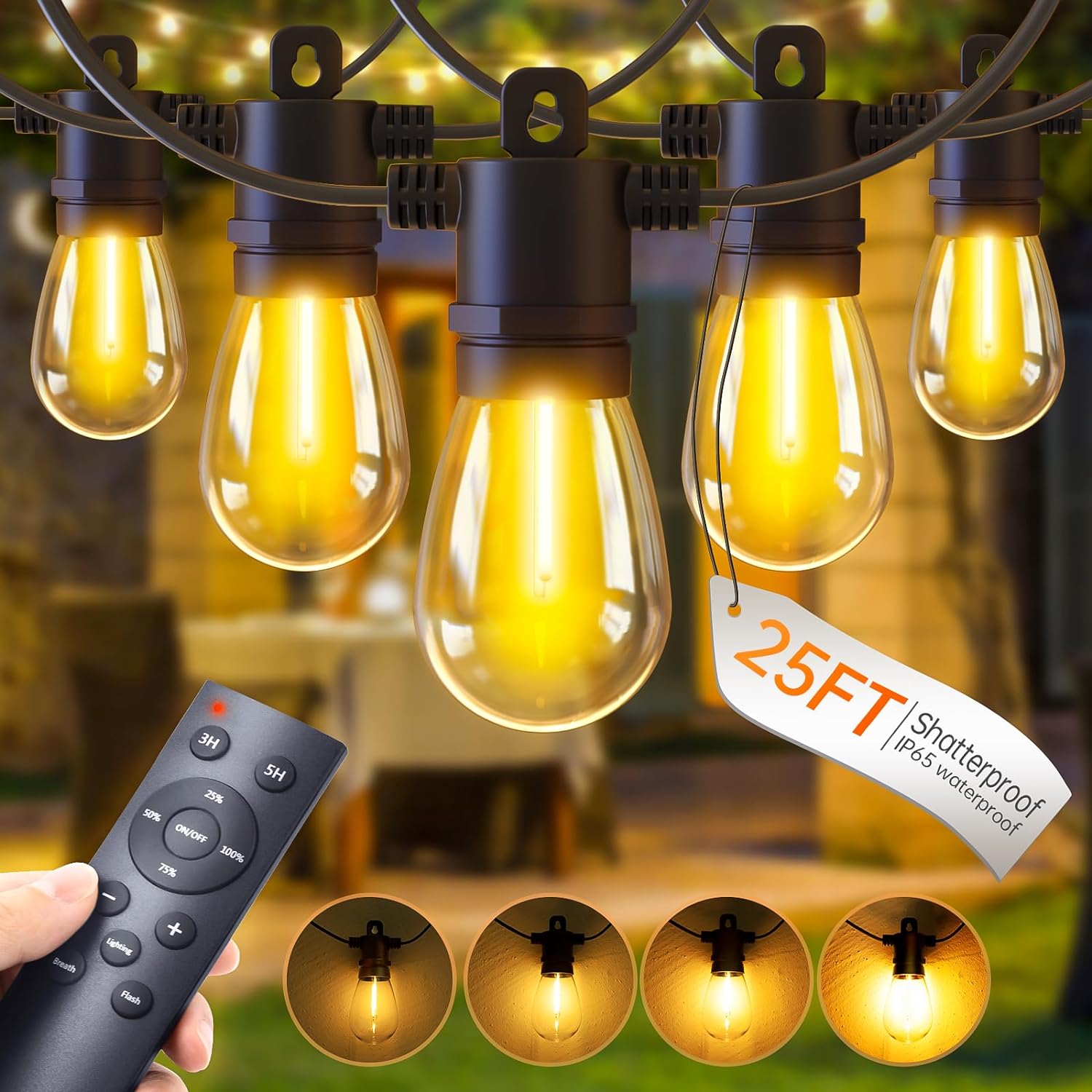 Dimmable Waterproof Outdoor String Lights - 25FT LED Patio Lights with Remote Co...
