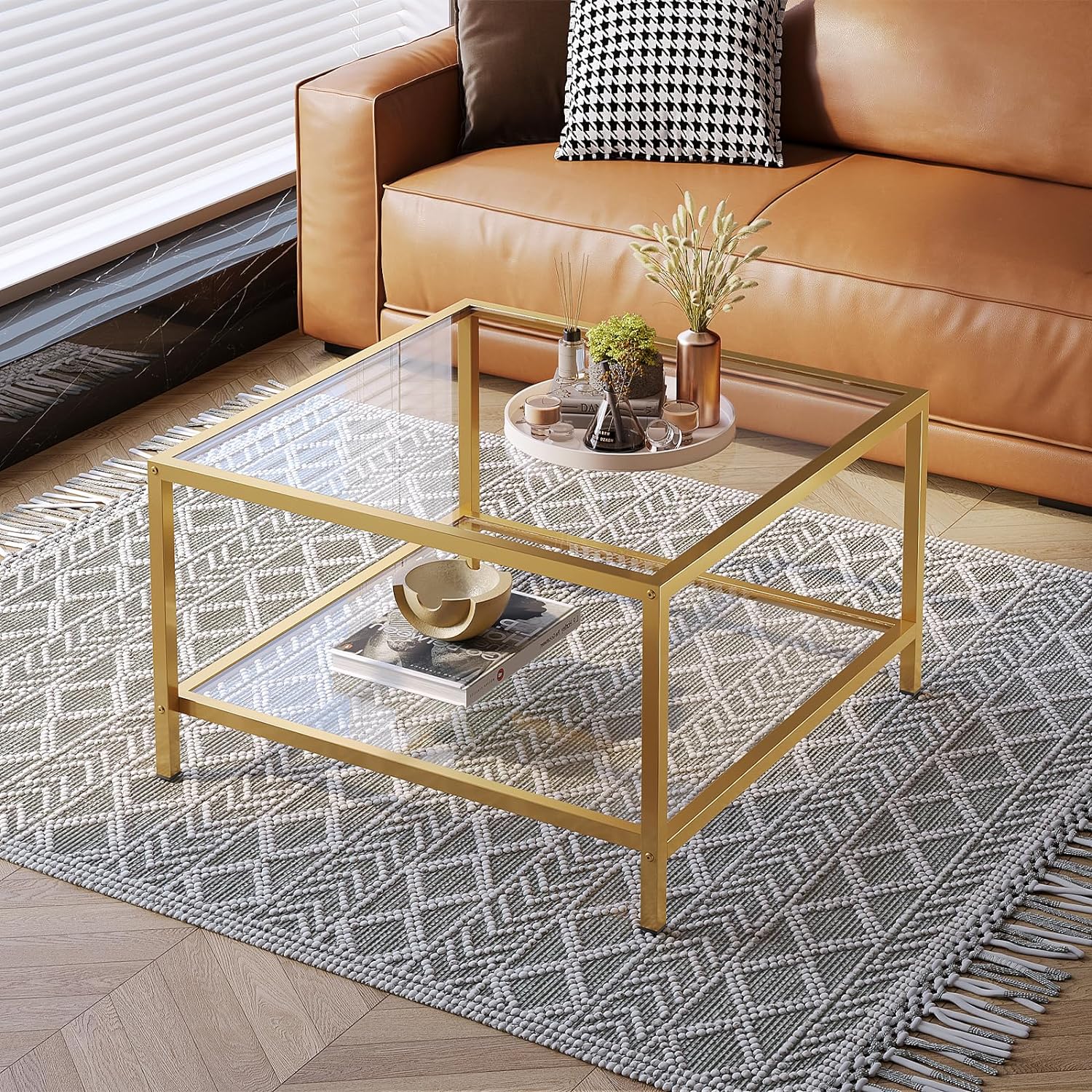 SAYGOER Glass Coffee Table with Storage 2-Tier Square Glass Center Table for Liv...