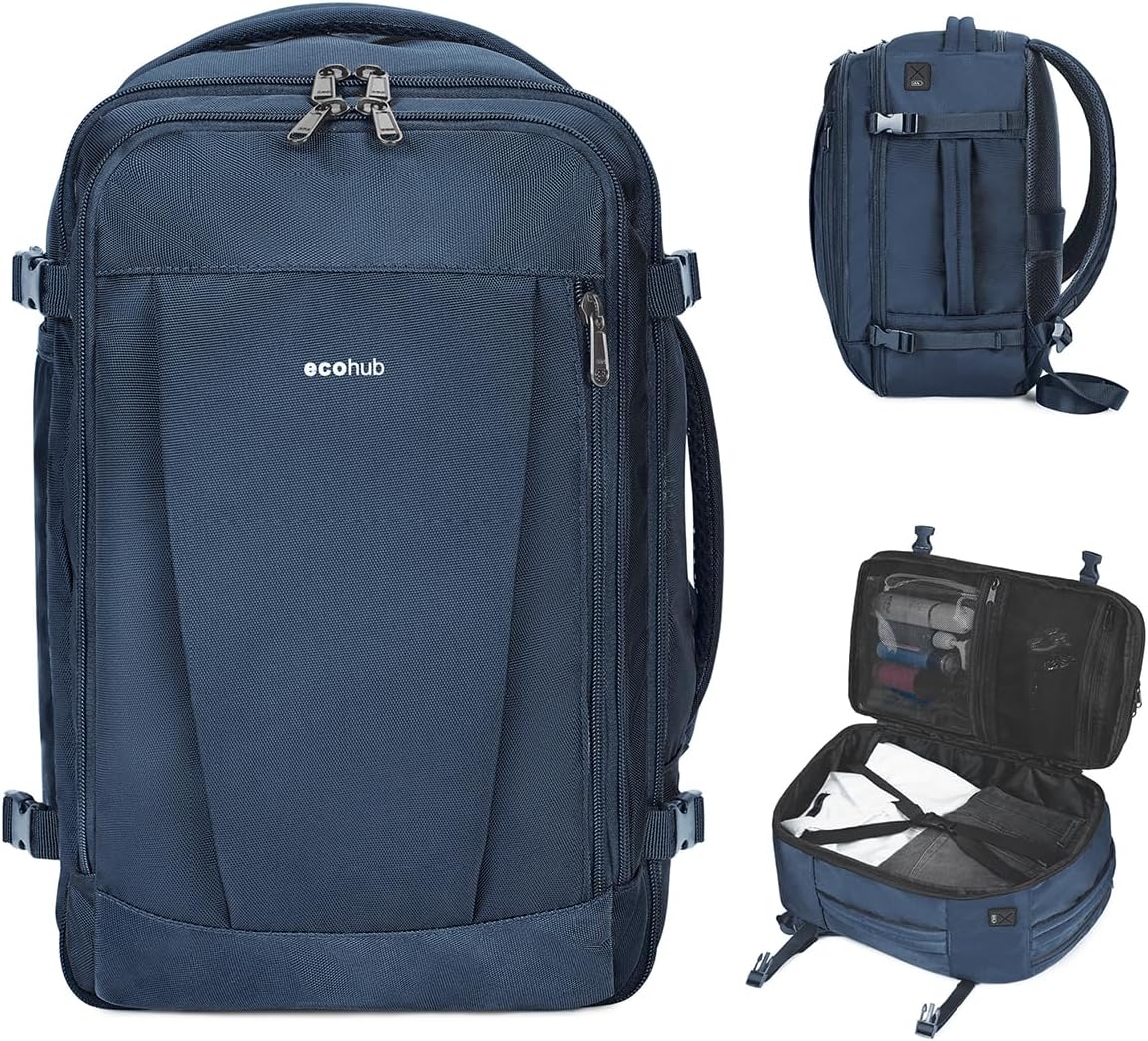ECOHUB 17'' Travel Backpack, Personal Item Backpack with 13 Pockets, Flight Approved Carry on Backpack with USB Port & Luggage Sleeve, Travel bag for Men & Women, Water Resistant Backpack, Blue Blue