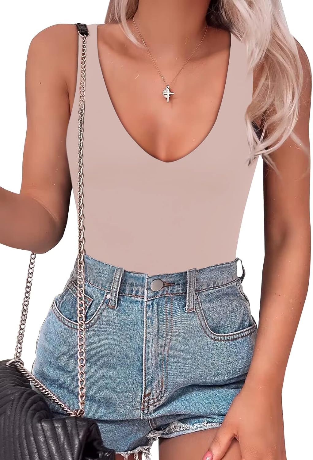 SAUNGKUAI Women’s Bodysuit Sexy Plunge Deep V Neck Backless Sleeveless Tank Thon...