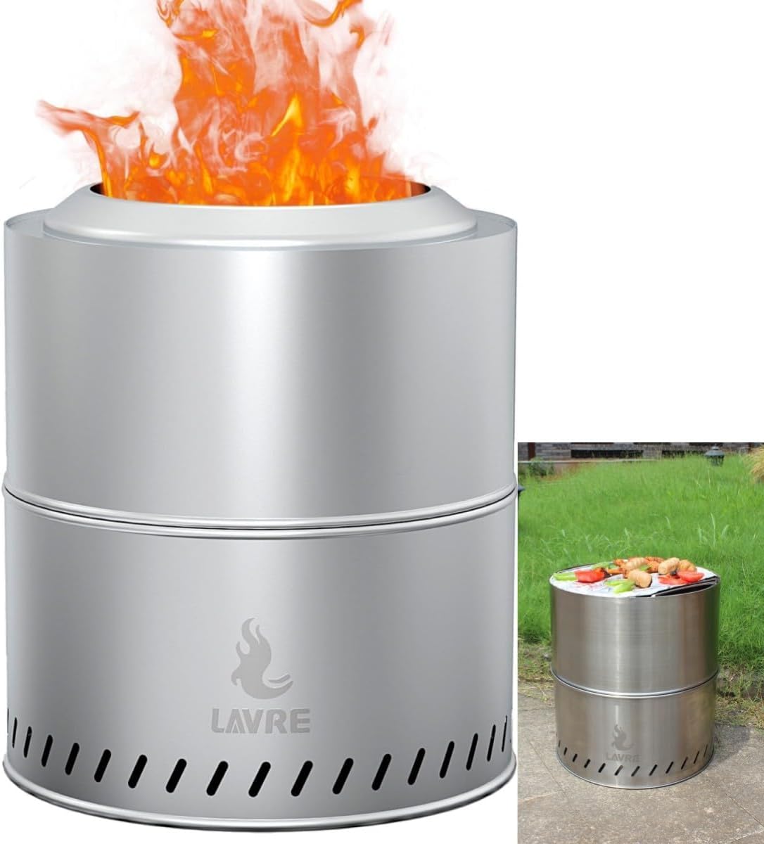 15.3 inch Stainless Steel Smokeless Fire Pit with Grill & Carry Bag, Outdoor Por...
