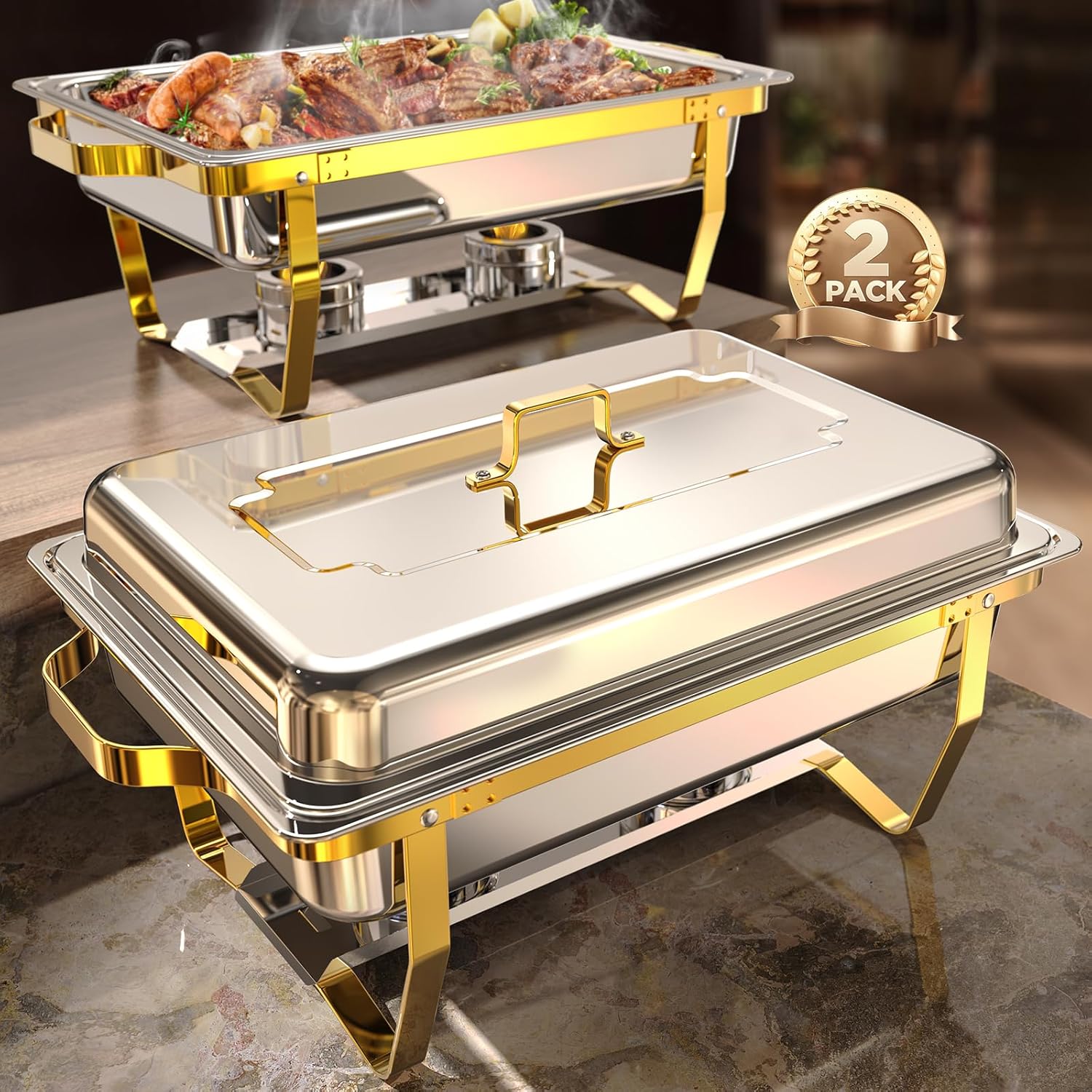 Chafing Dishes for Buffet 2 pack, 8QT [Elegant Gold and Silver Colors] Stainless...
