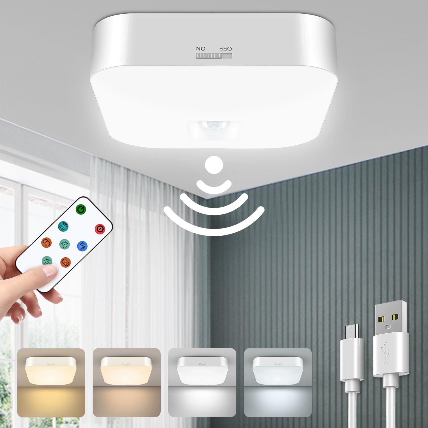 WhitePoplar Motion Sensor Rechargeable Ceiling Light Indoor with Remote, Wireles...