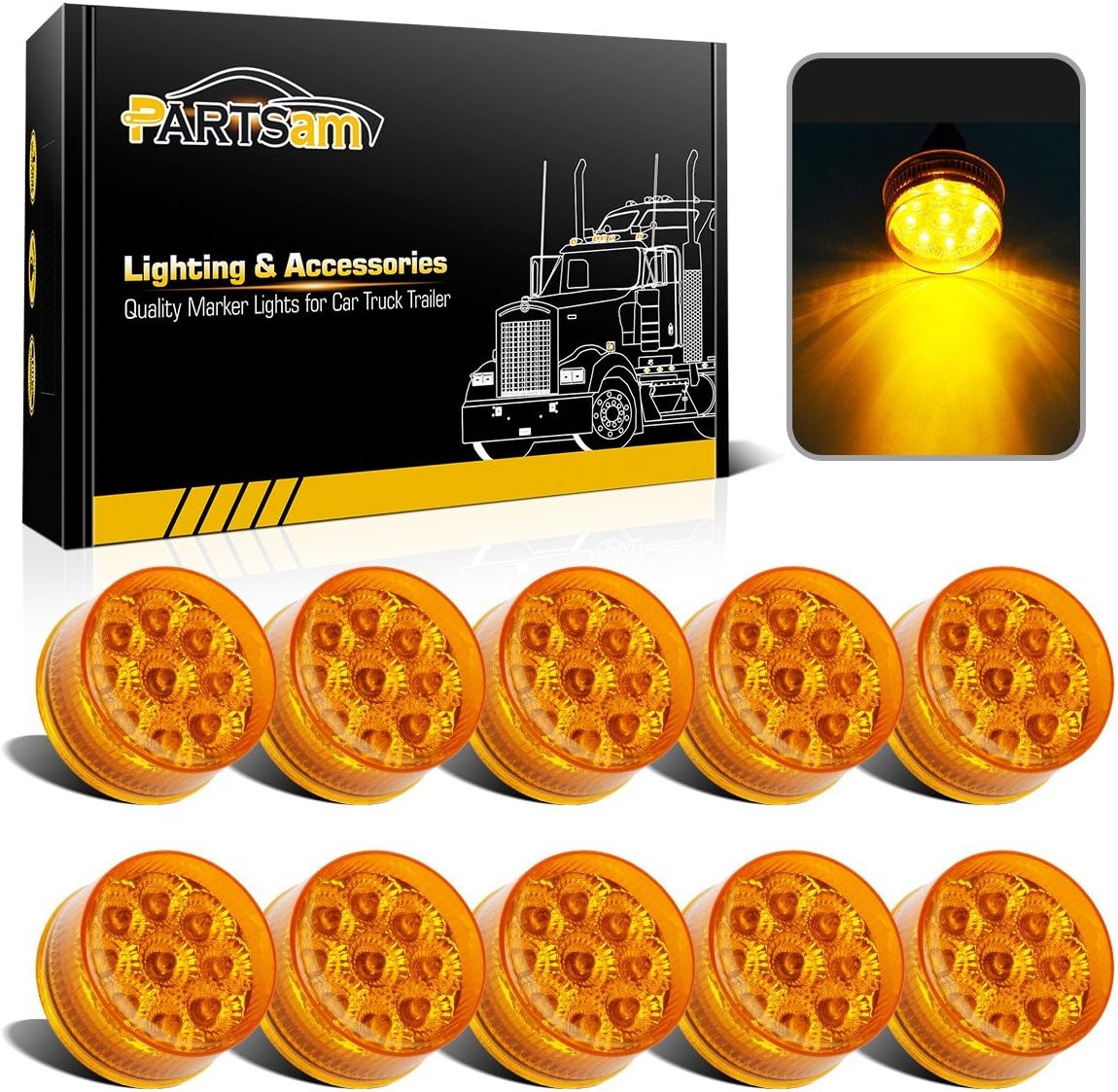 Partsam 10Pcs 2 inch Amber 9 LED Side Marker Turn Signal Light, 2" Round Clearan...