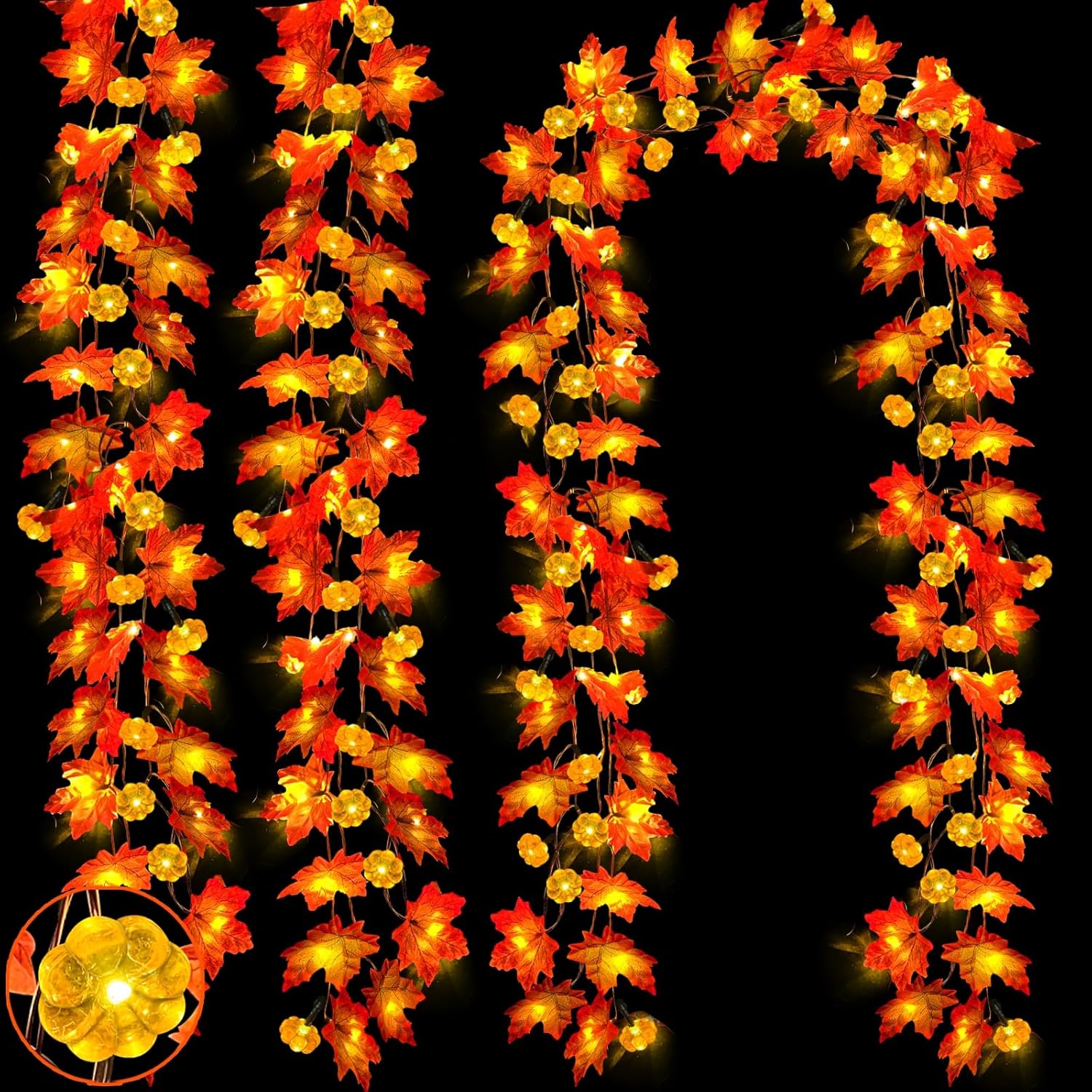 [ Timer & 3 Pack & Pumpkin ] 30Ft Fall Garland Fall Decorations for Home 60 LED...