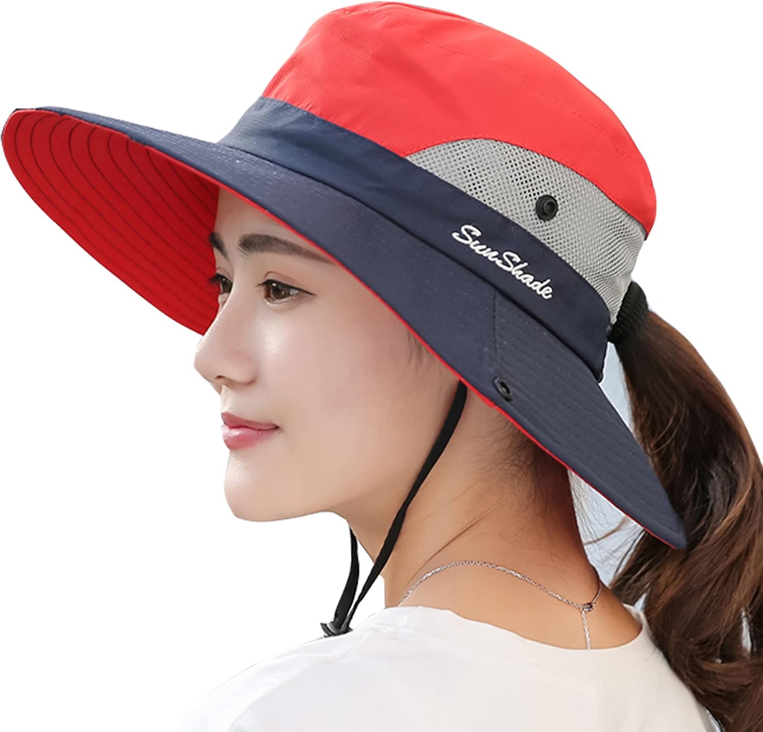 Sun Hat Womens Men 3” Wide Brim UPF 50+ Fishing Beach Bucket Hats Red/Blue(ponyt...