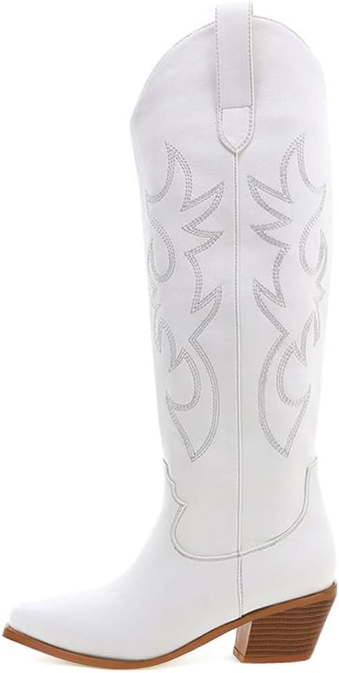 Erocalli White Cowgirl Boot Cowboy Boots for Women Embroidered Pull-On Chunky St...