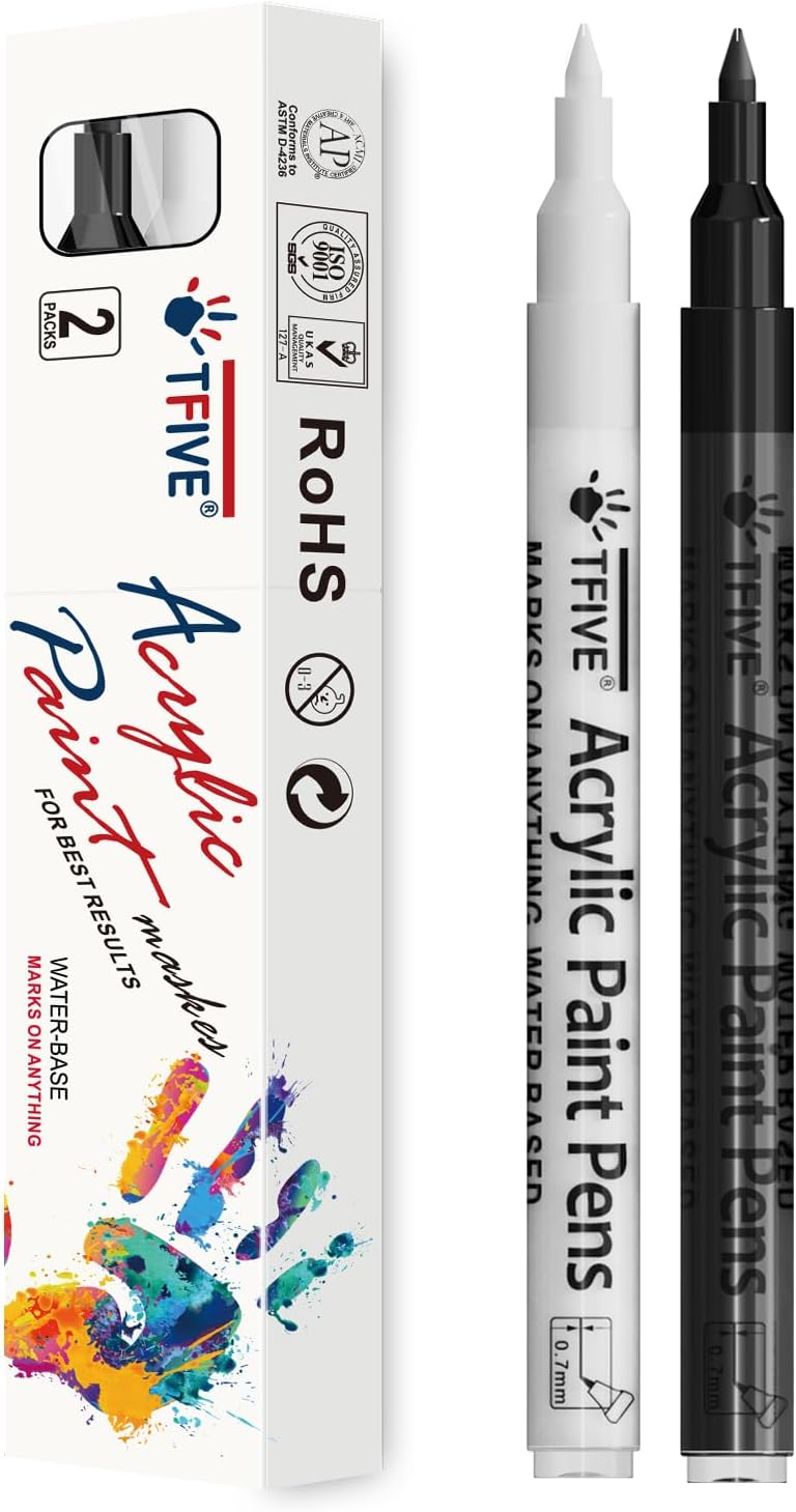 TFIVE White&Black Paint Marker Pens - 2 Pack Acrylic Permanent Marker, 0.7mm Ext...