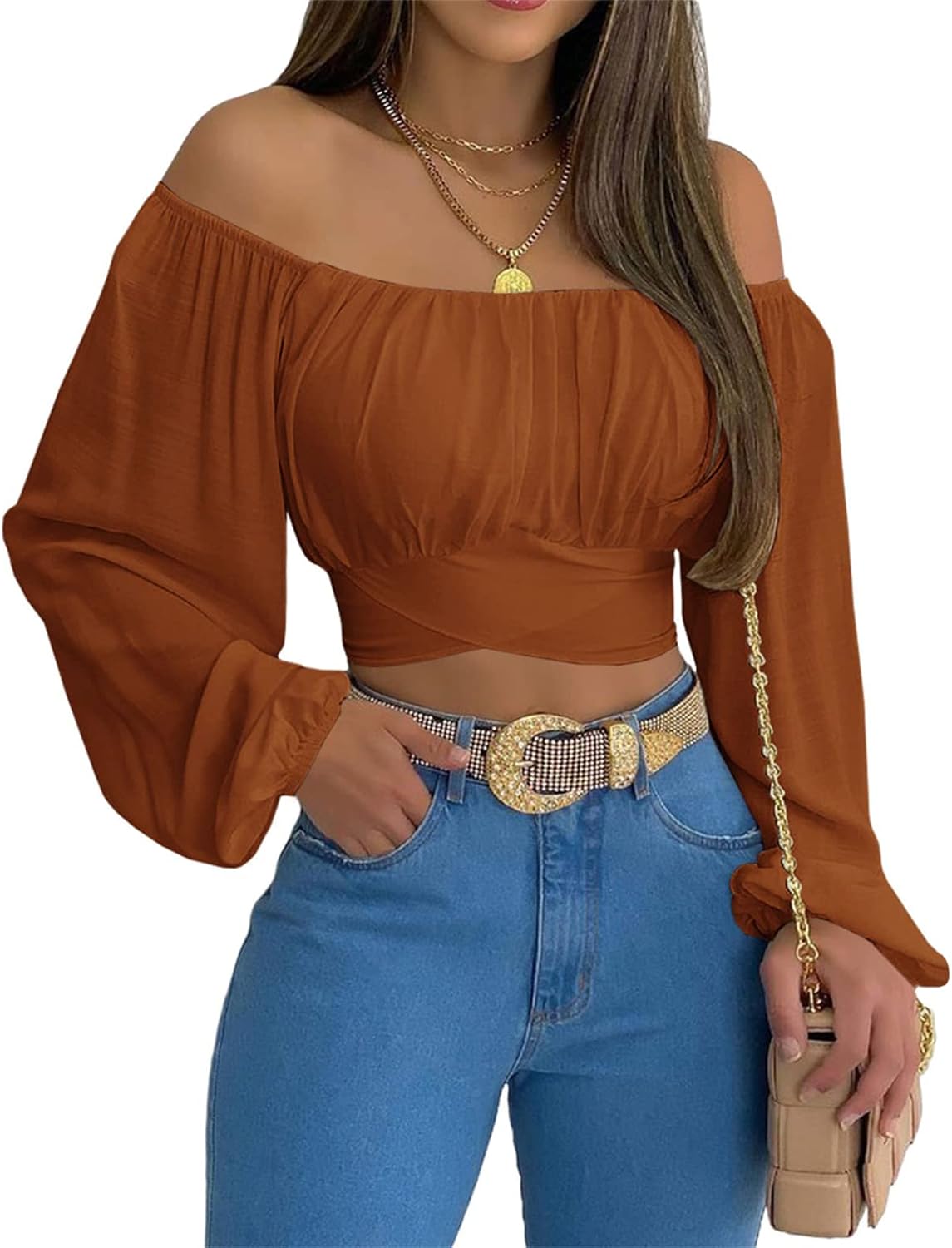MIRACMODA Woman Off Shoulder Ruched Tie Back Crop Top Summer Lantern Sleeve Boho...