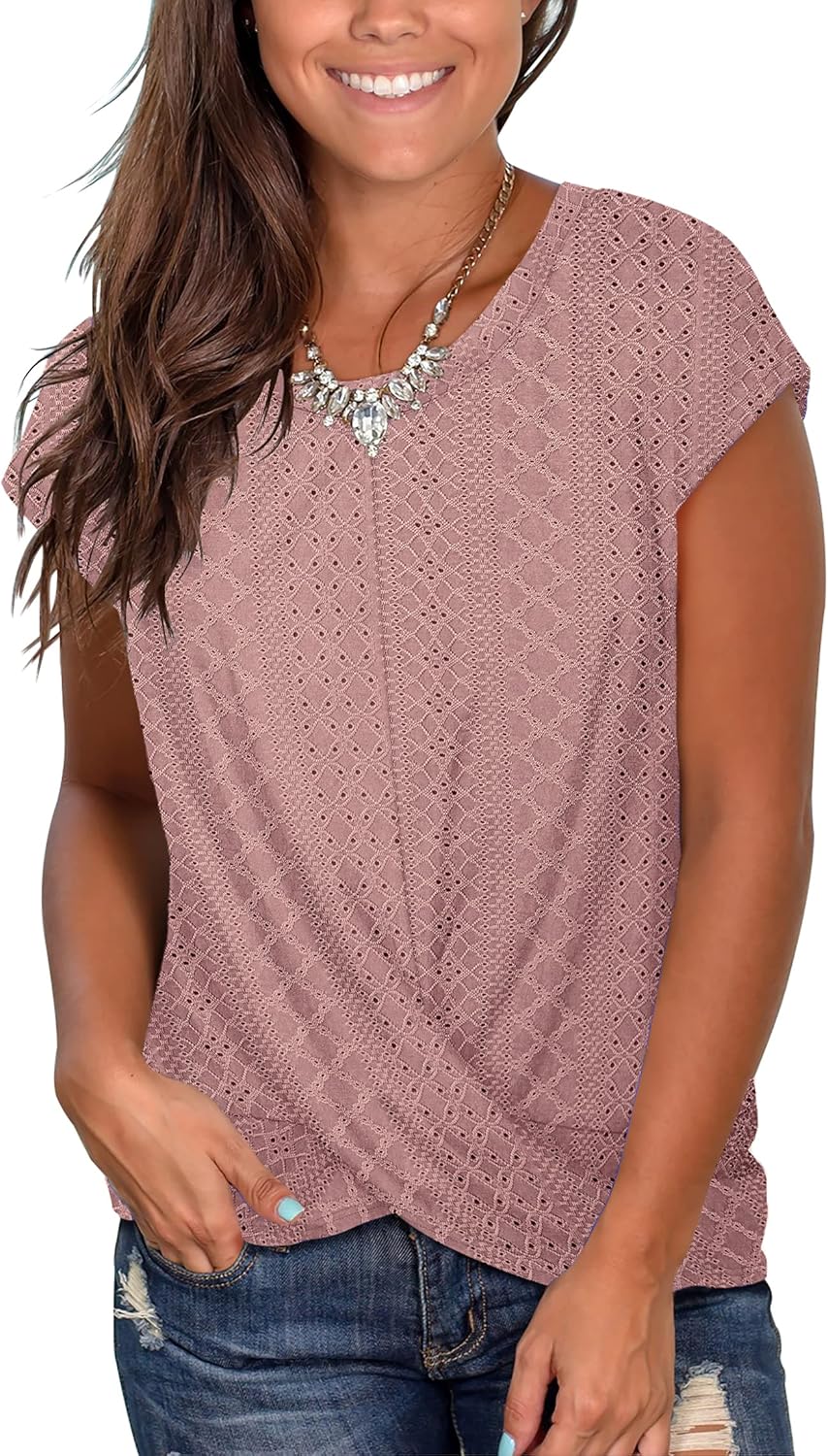 Jescakoo Women's Short Sleeve Round Neck T Shirt Front Twist Tunic Tops Casual L...