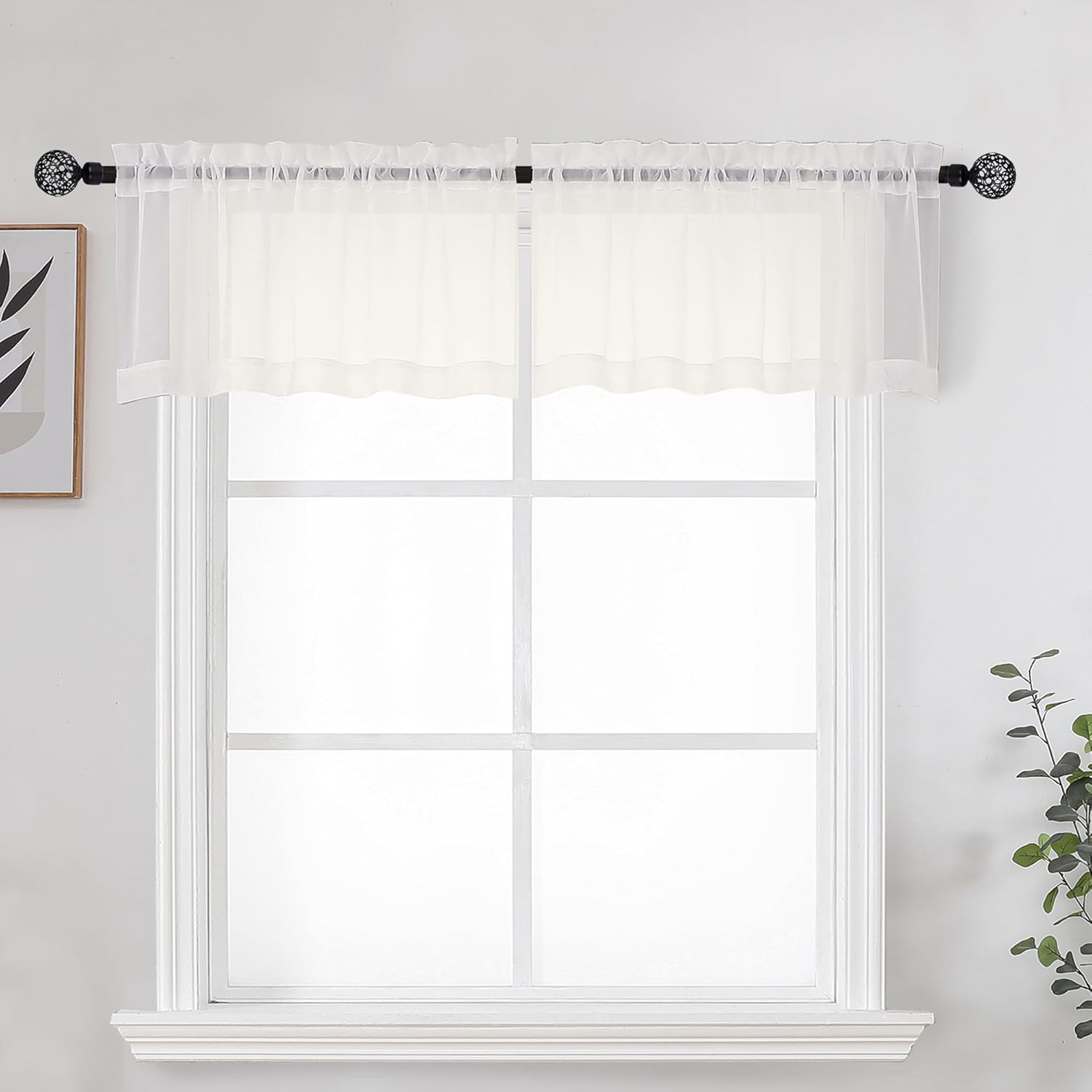 OWENIE Ivory Sheer Valance for Kitchen Windows Set of 2, Small Modern Rod Pocket...