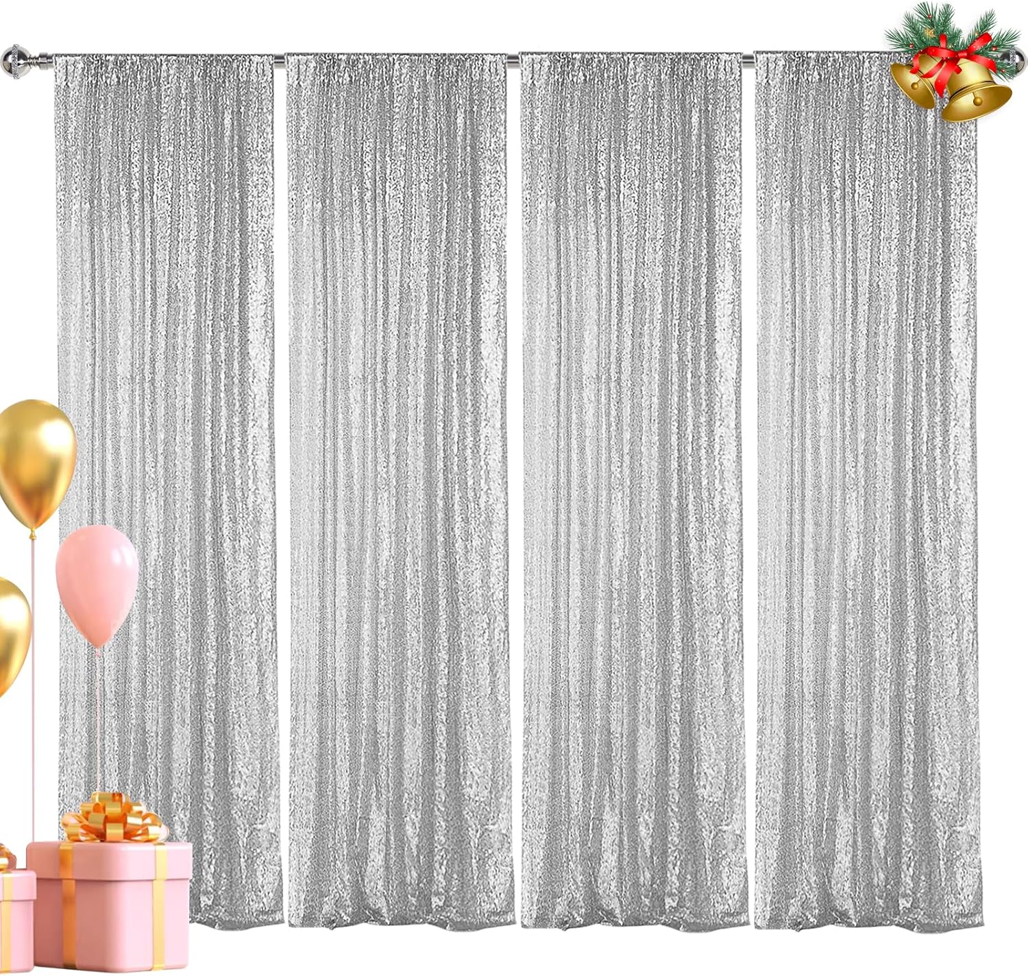 Hahuho Silver Sequin Backdrop Curtain, 4PCS 2FTx8F...