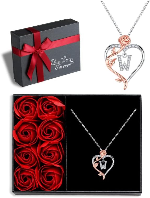 Iefil Rose Heart Necklaces Gifts for Women - 925 Sterling Silver Rose Heart Lett...