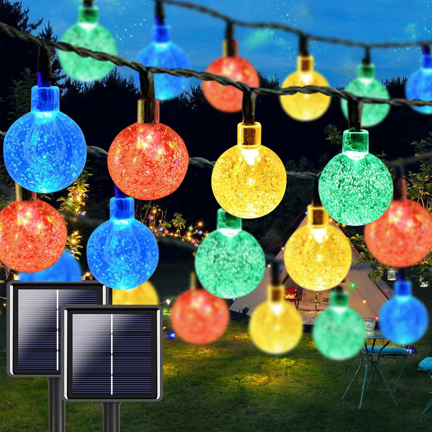 Multicolor 2-Pack 100 LED 64FT Crystal Globe Solar String Lights Outdoor, Waterp...