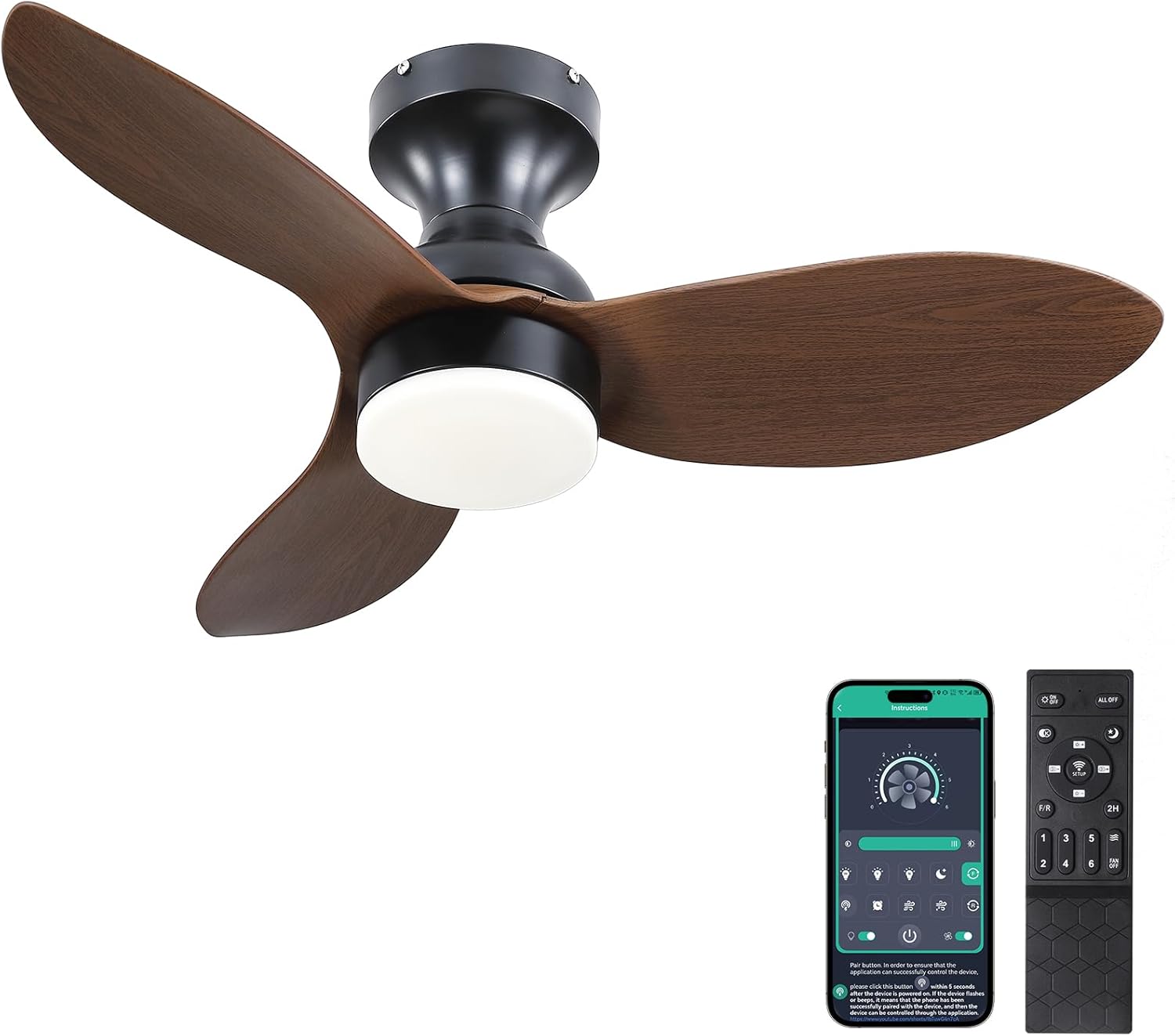 Low Profile Flush Mount Ceiling Fans with Lights and Remote&APP,34in Modern Ceil...