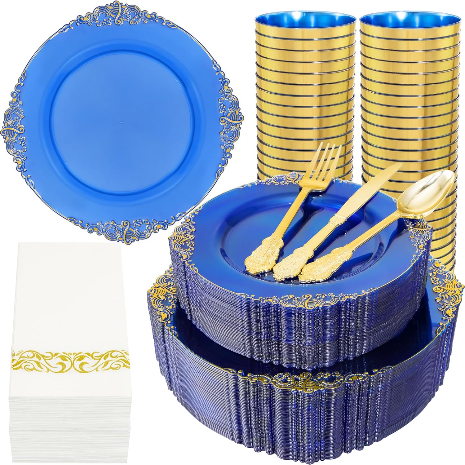 Nervure 350PCS Blue Plastic Plates - Blue Plastic Dinnerware Sets for 50 Guests...
