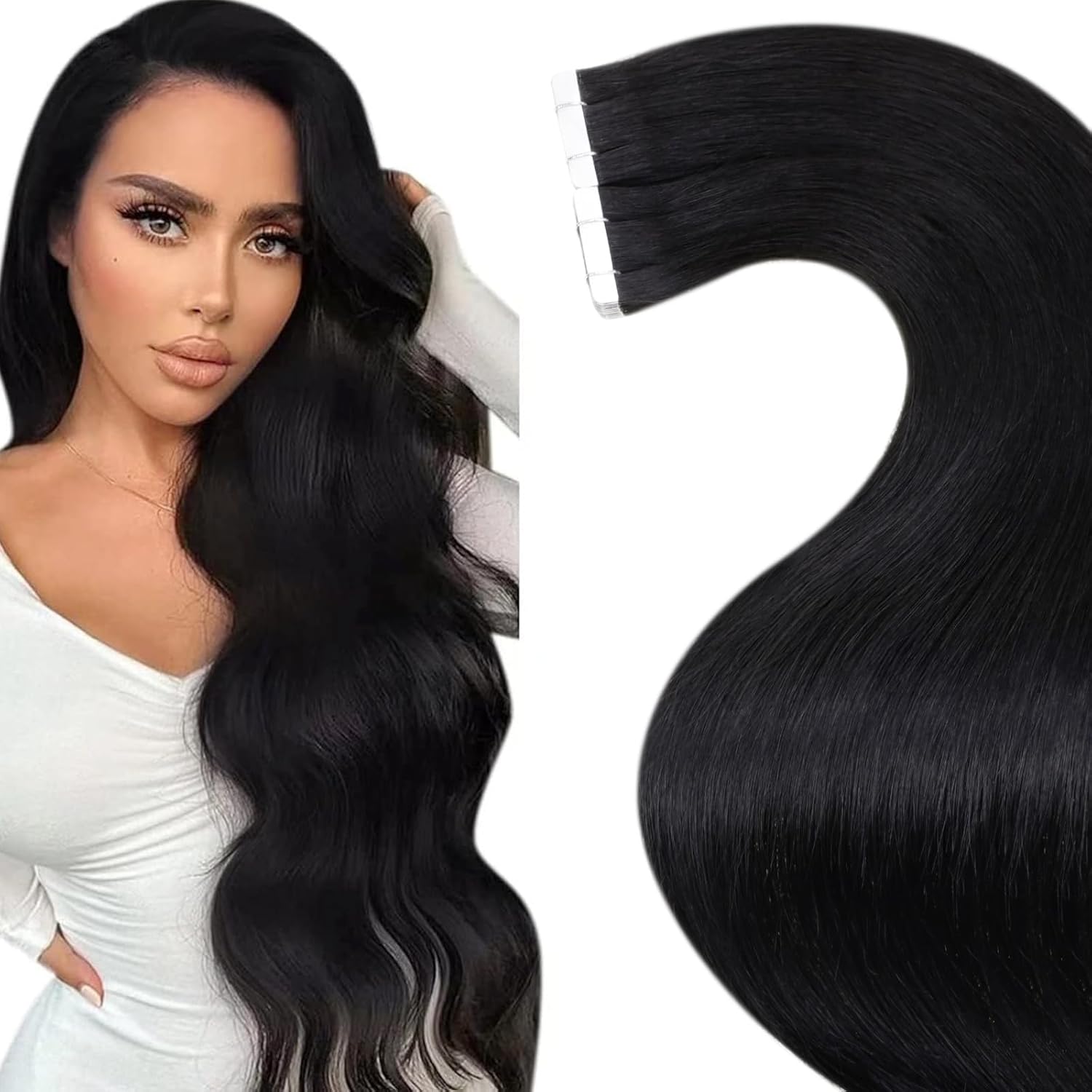 LaaVoo Tape in Hair Extensions Human Hair Black 18 Inch Tape ins Human Hair Exte...