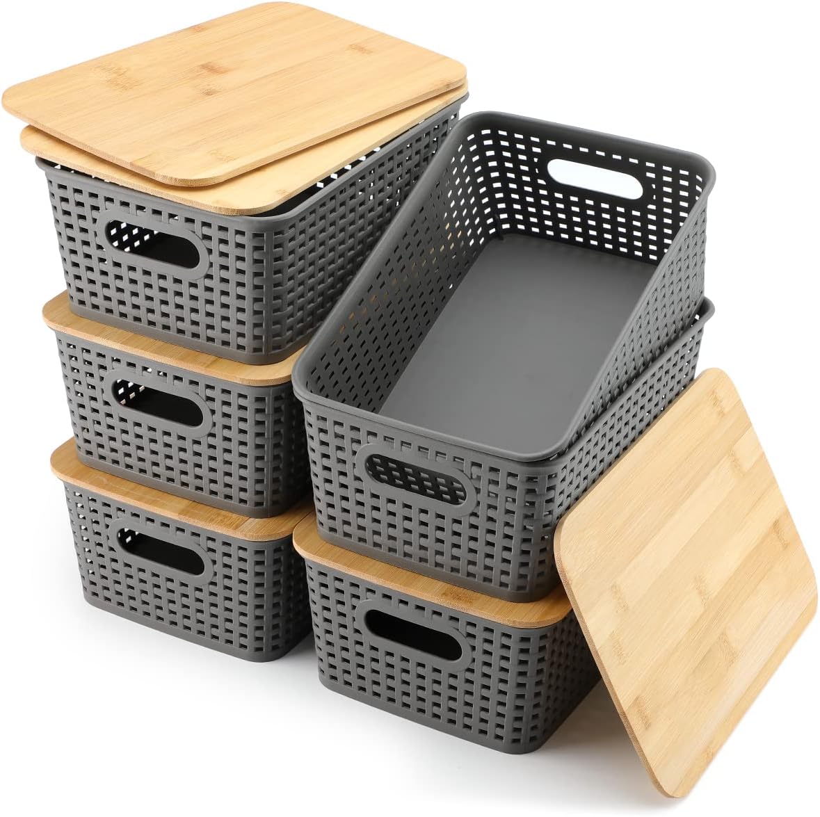 AREYZIN Storage Bins with Bamboo Lids Set of 6 Lidded Storage Container Plastic...