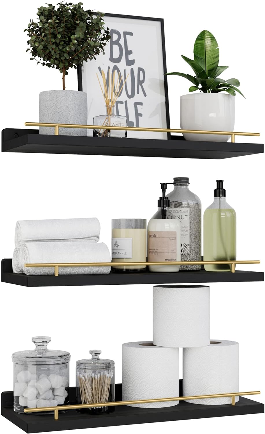 WOPITUES Floating Shelves with Gold Metal Guardrail, Shelves for Wall Decor Set...