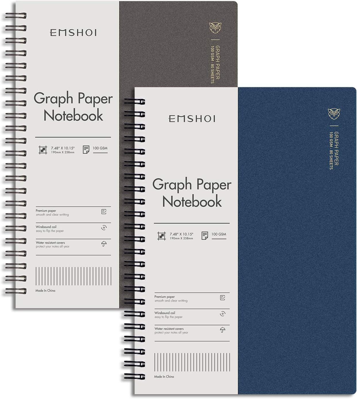 EMSHOI Graph Paper Spiral Notebook 7.48" x 10.15" - 2 Pack 320 Pages 100gsm Thic...