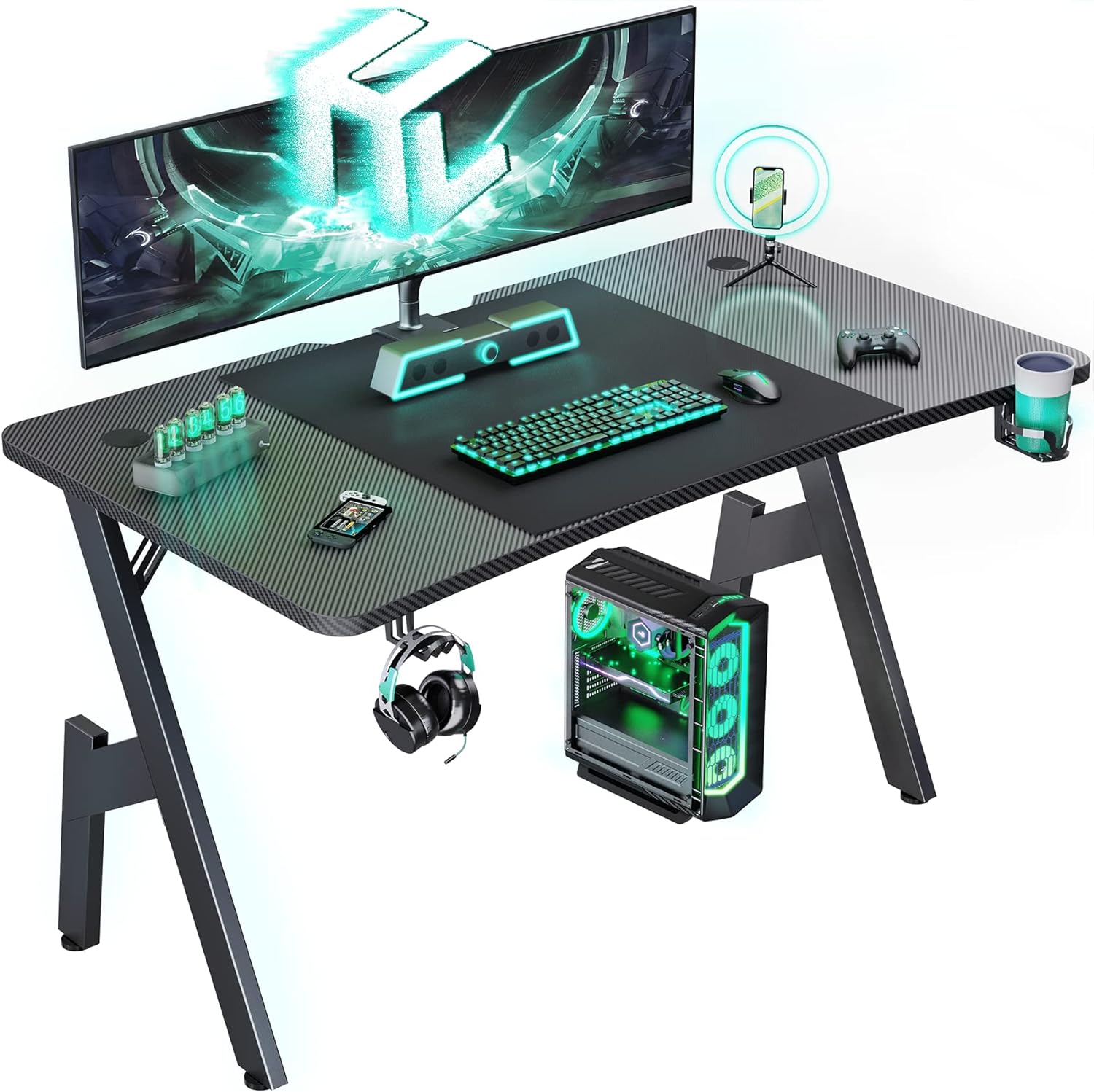 HLDIRECT 55 Inch Gaming Desk with Carbon Fibre Surface Large Computer Desk Gamin...