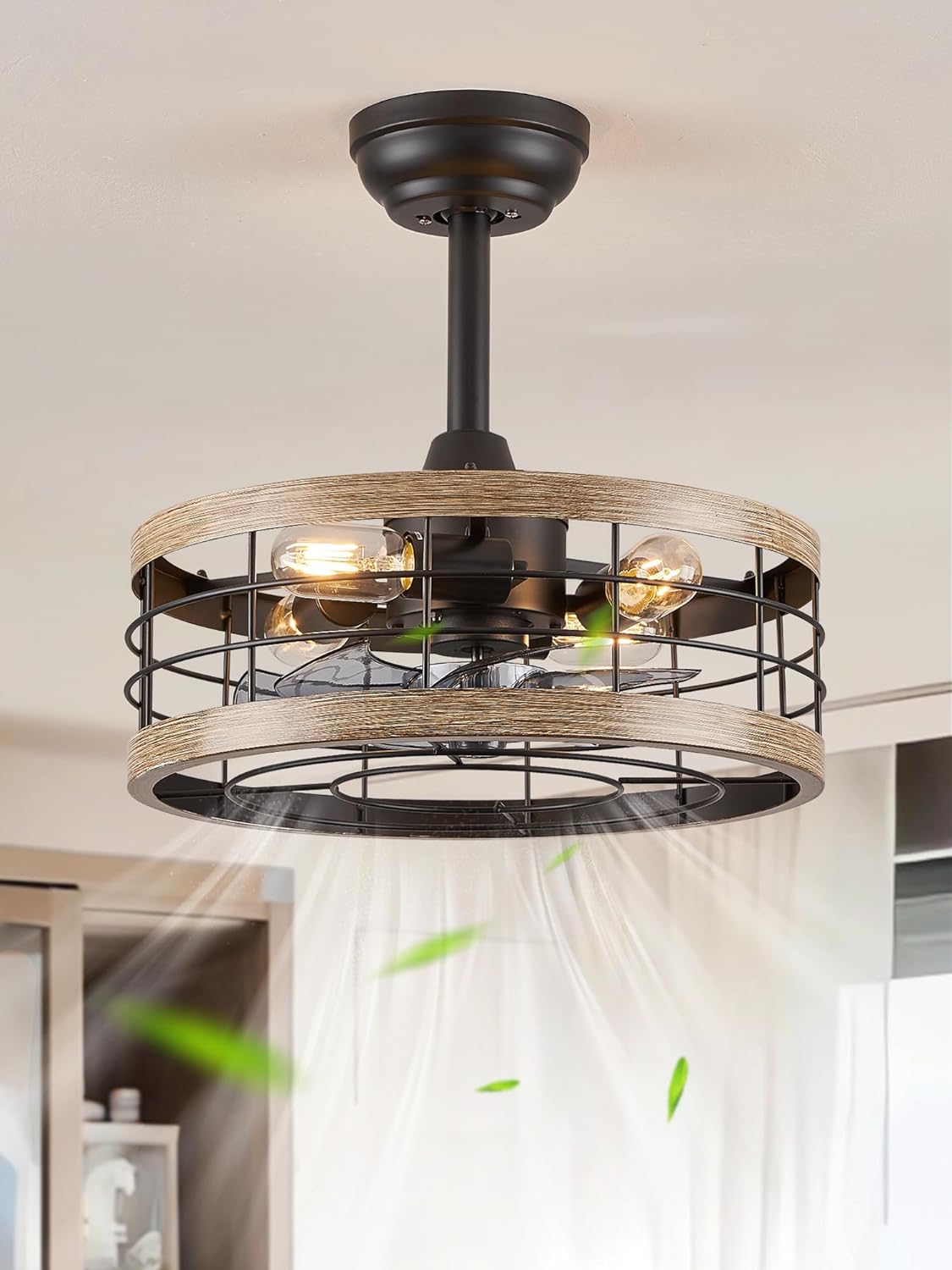 LEDIARY 16.5in Black Caged Ceiling Fan With Light, Bladeless Industrial Ceiling...