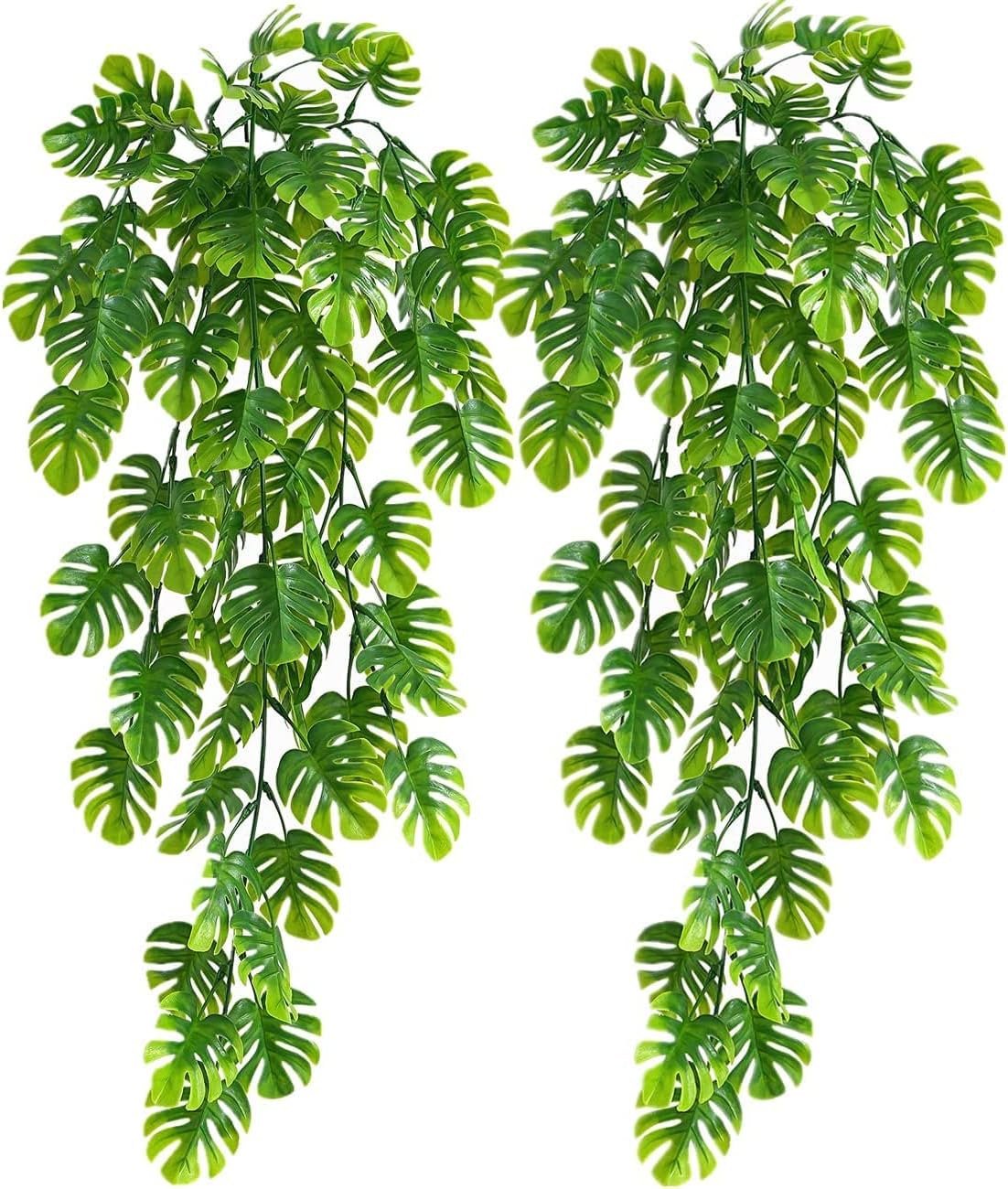Artificial Hanging Plants 2 Pack, Fake Hanging Monstera Leaves Ivy Vine Faux Gre...