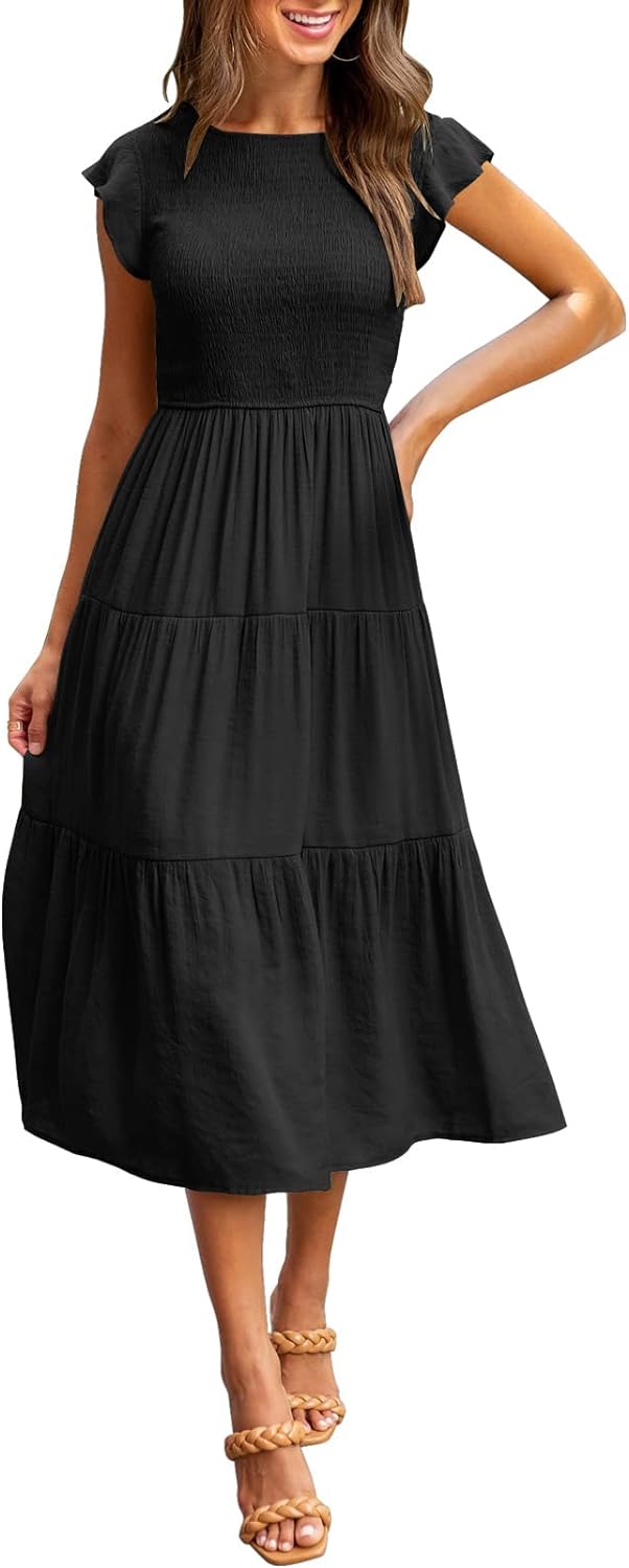MEROKEETY Women's Flutter Short Sleeve Smocked Mid...