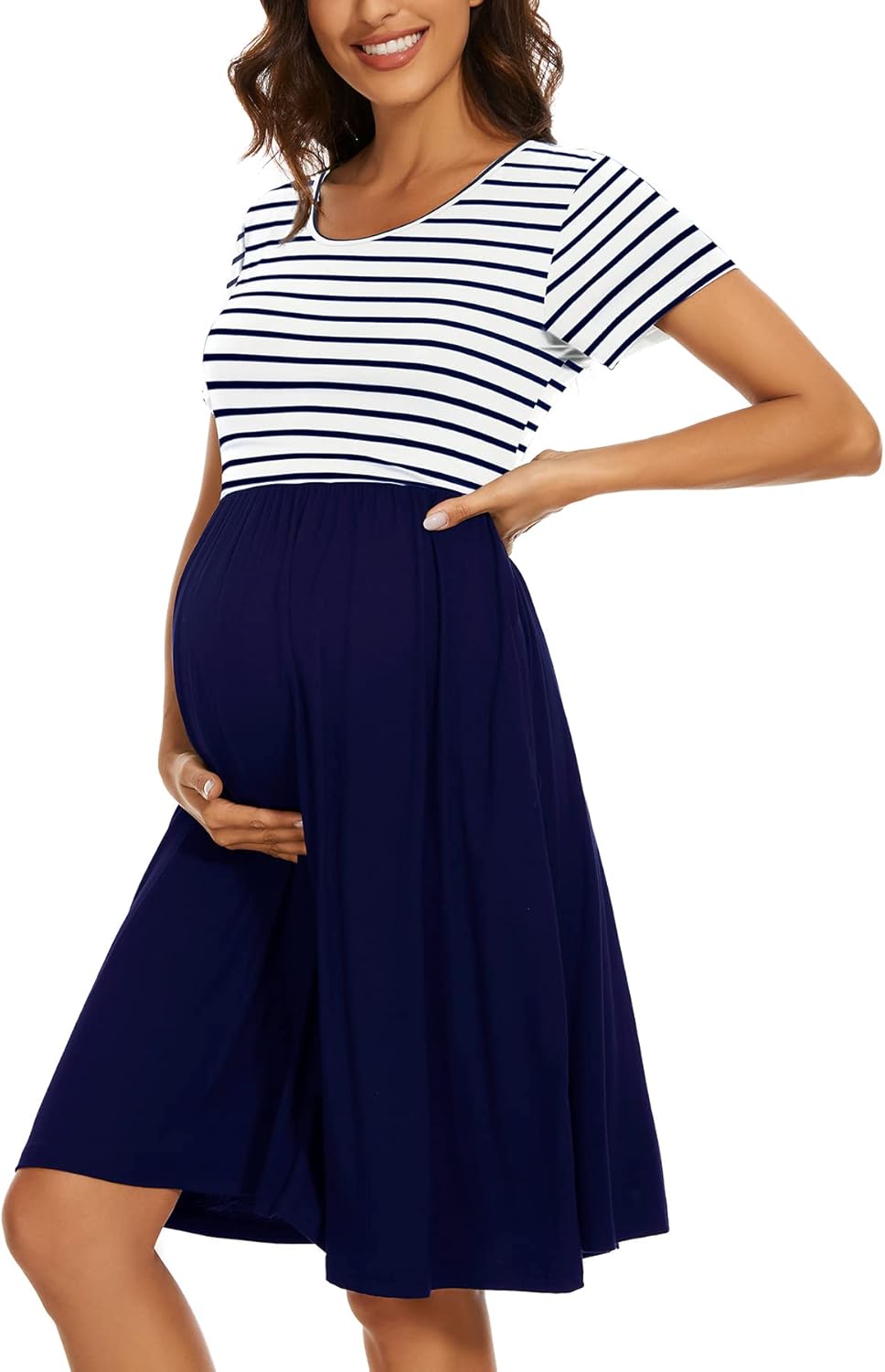 Women's Short Sleeve Maternity Dress Patchwork Pregnancy Clothes with Pockets Me...