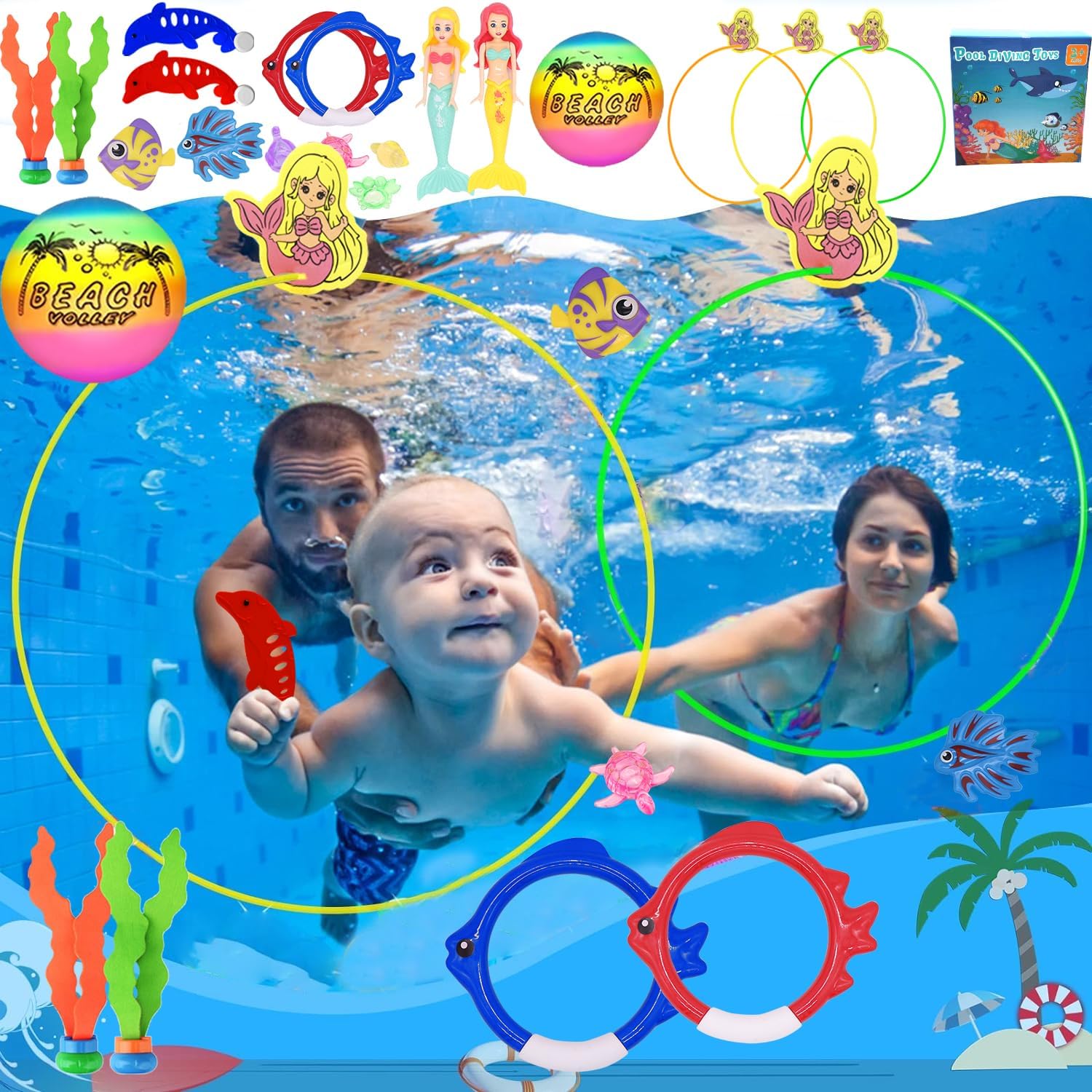 20 Pcs Diving Pool Toys for Kids Ages 3-12 Set with Diving Swim Thru Rings,Pool...