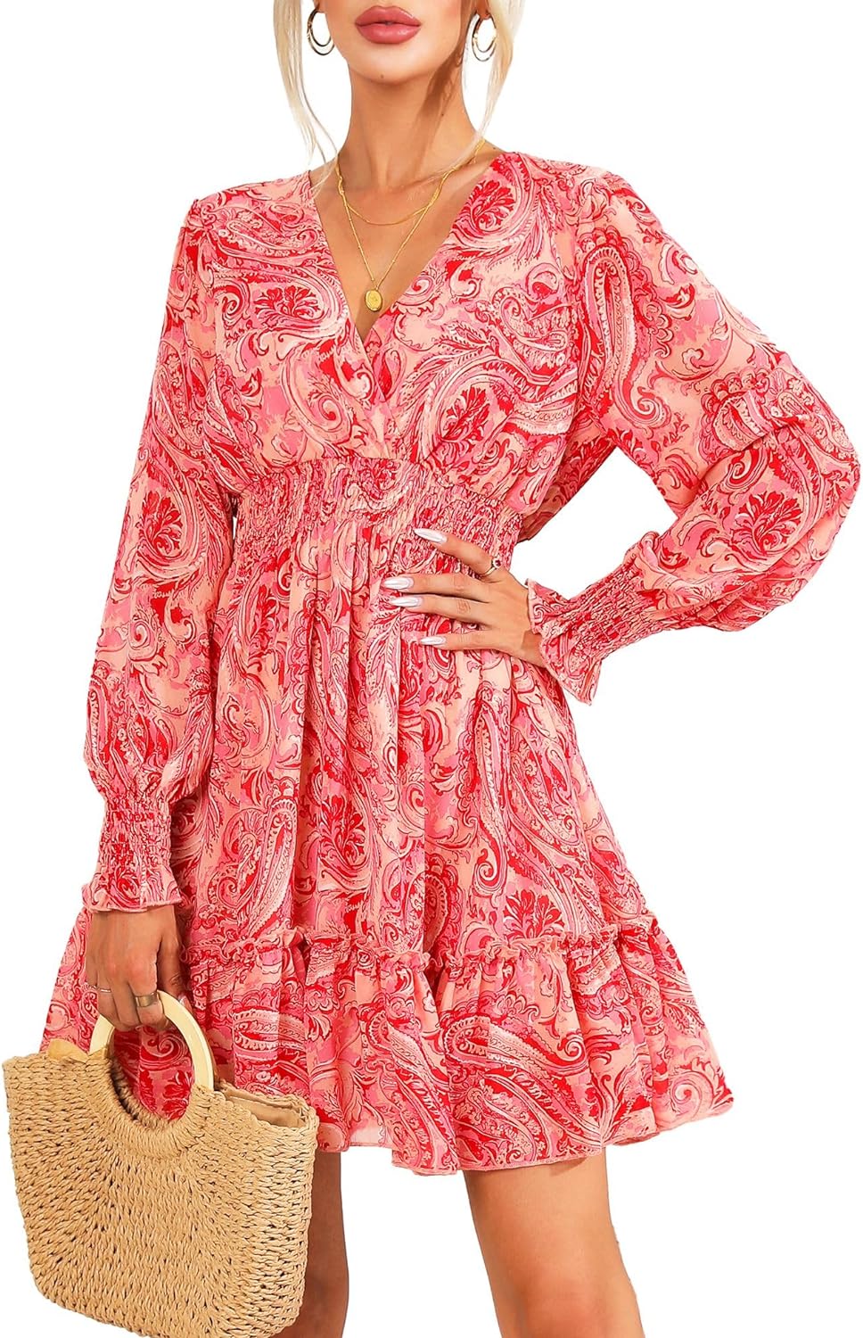 Women's Floral Chiffon Long Sleeve Mini Dress Flowy A-Line Wrap Neck Tie Back Sh...