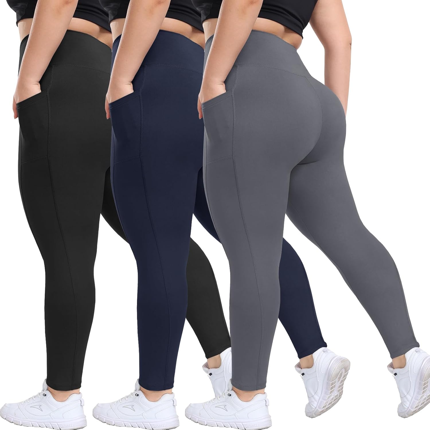 HLTPRO 3 Pack Plus Size Leggings with Pockets for Women - Black High Waisted Tum...