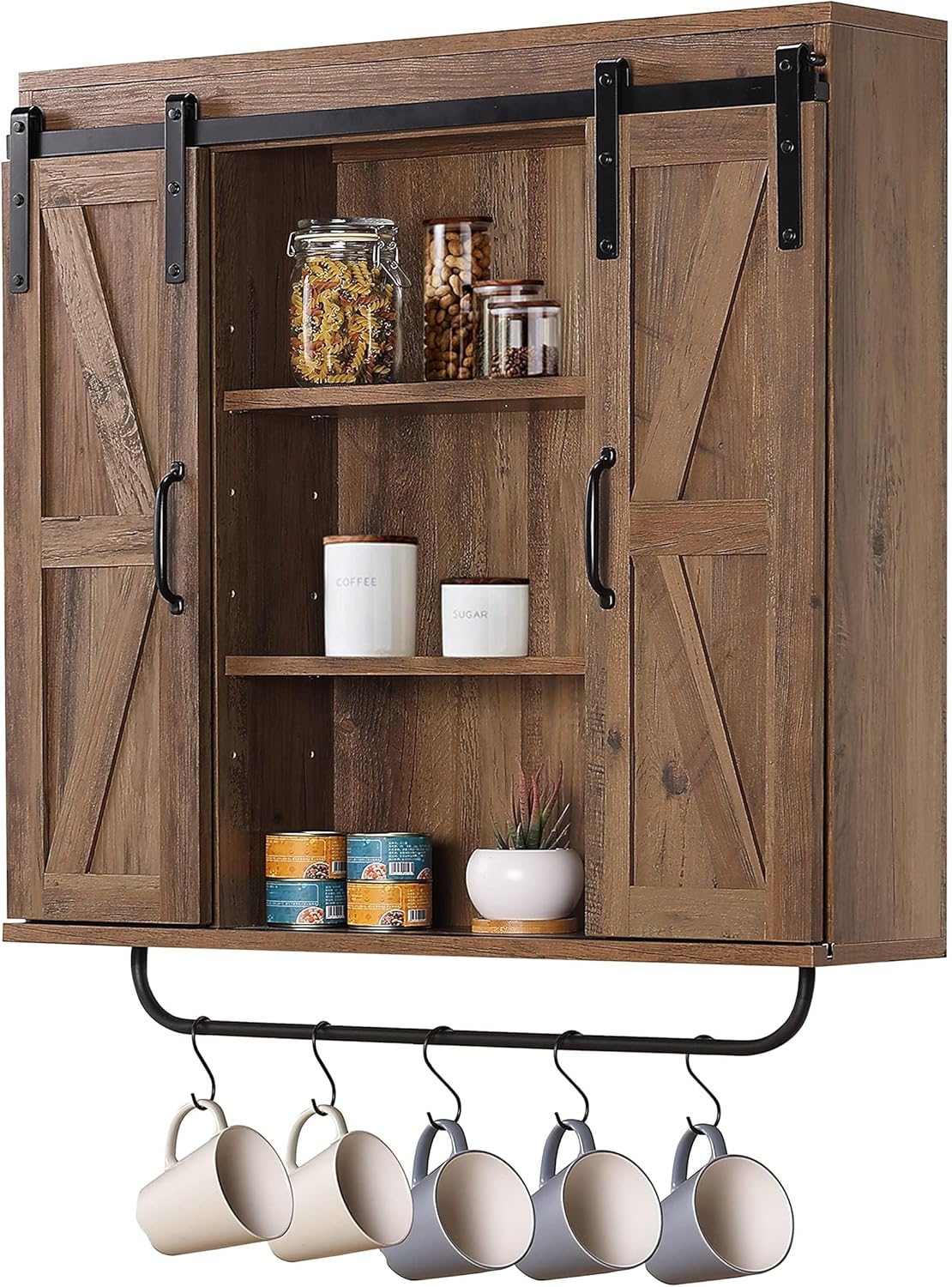 RUSTOWN Rustic Wood Wall Storage Cabinet with Two Sliding Barn Door, 3-Tier Deco...