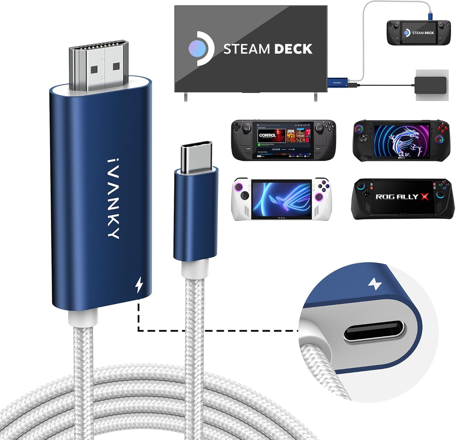 IVANKY 2-in-1 USB C to HDMI 100W Charging Cable Dock for Steam Deck OLED/ASUS RO...