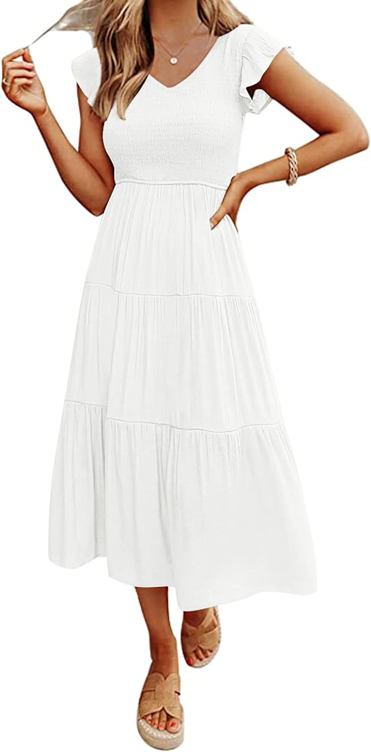 MEROKEETY Women's Flutter Sleeve Smocked Midi Dres...