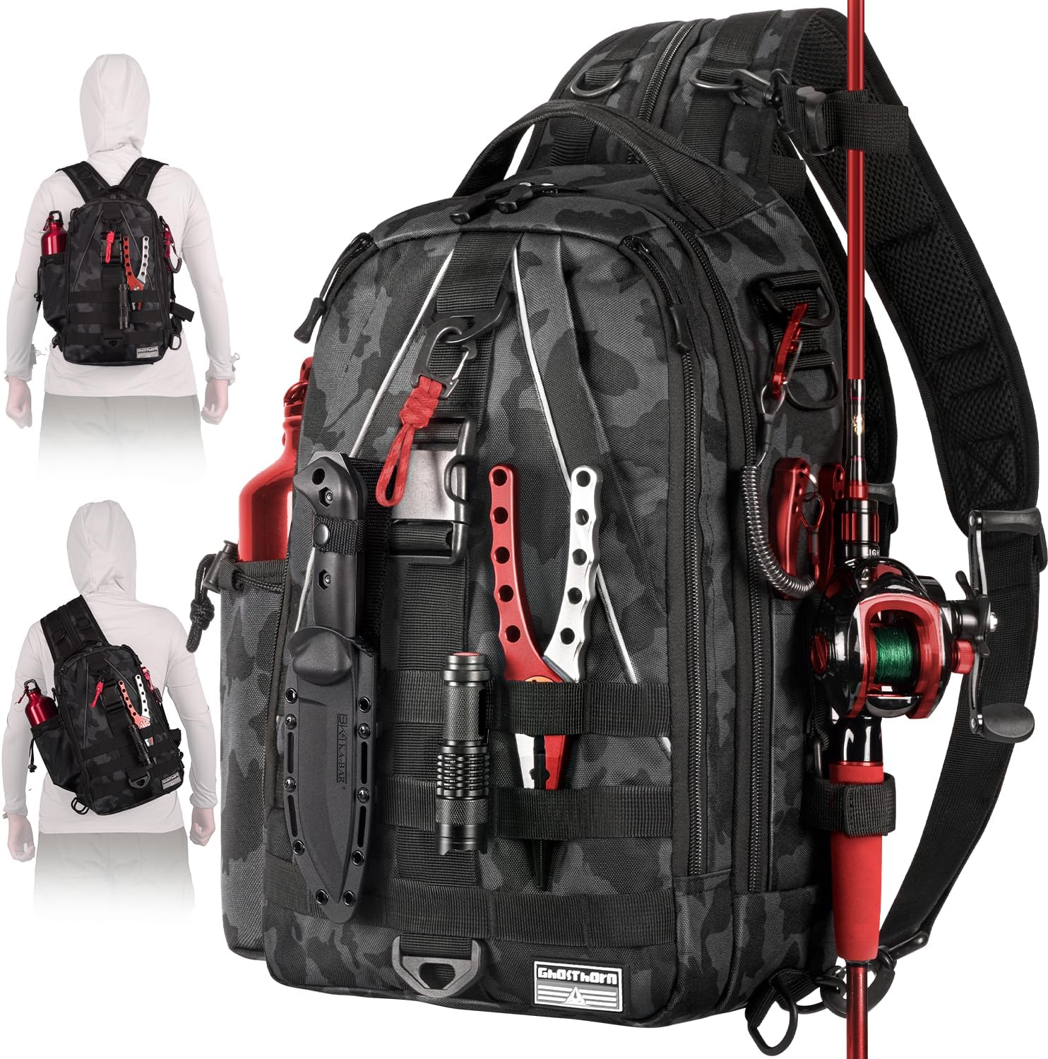 Ghosthorn Fishing Backpack Tackle Sling Bag - Fishing Backpack with Rod Holder -...