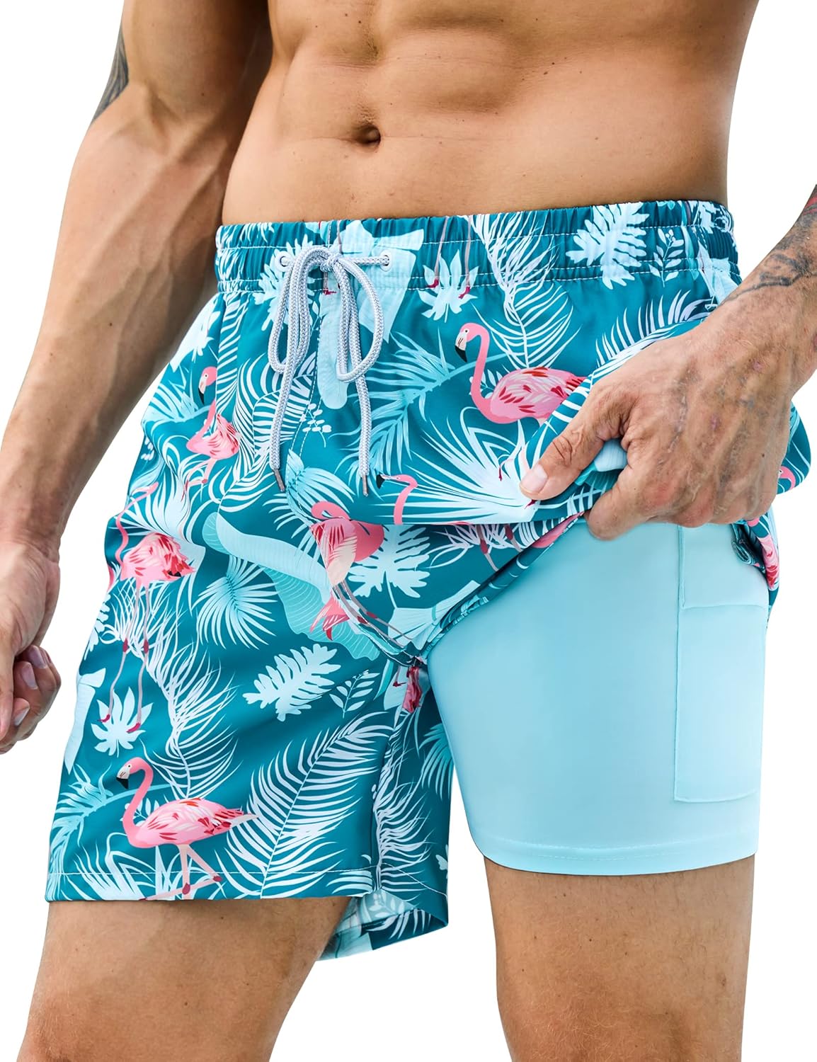 Mens Swim Trunks with Compression Liner Bathing Suits 2 Pack Quick Dry Stretch B...