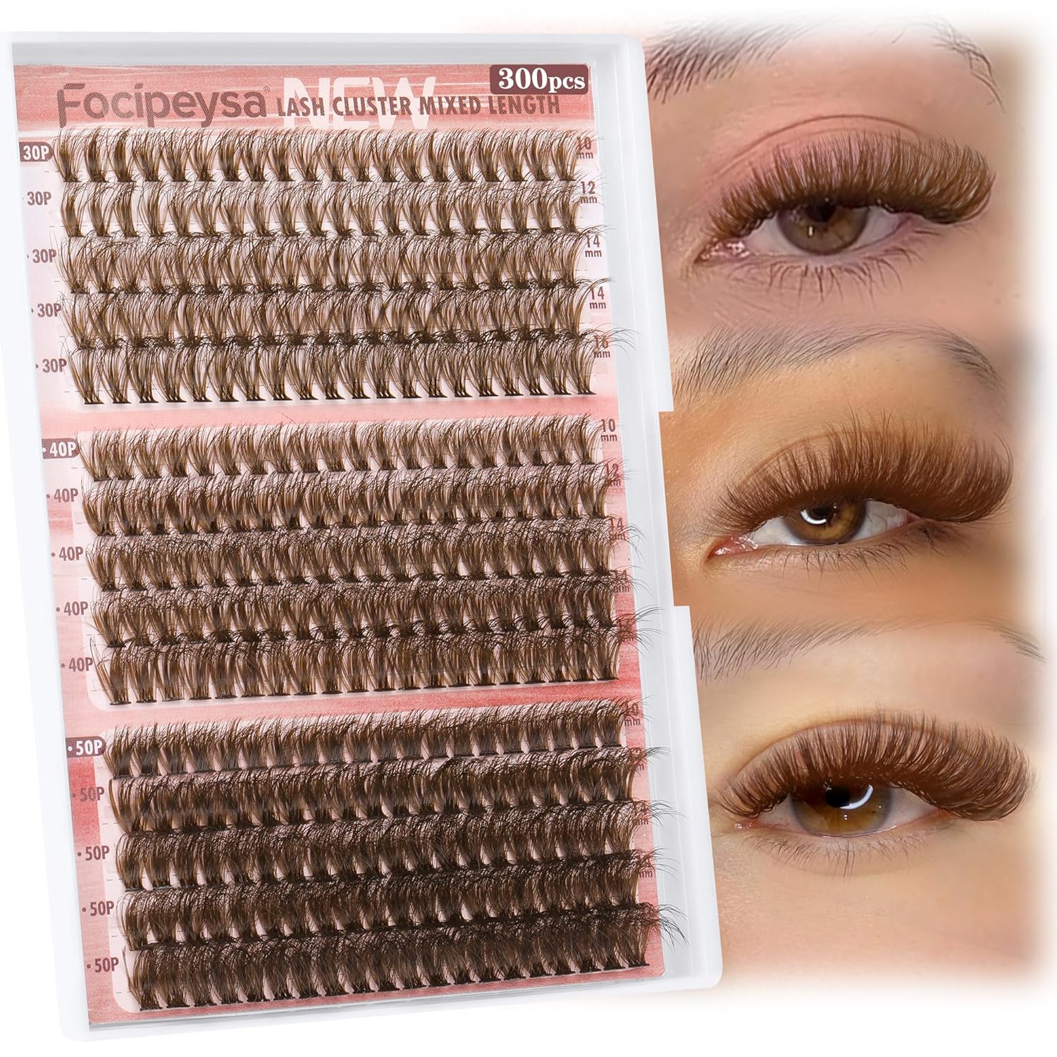 Focipeysa 30D 40D 50D Brown Eyelash Extension 300pcs DIY Lash Clusters 10-16mm I...