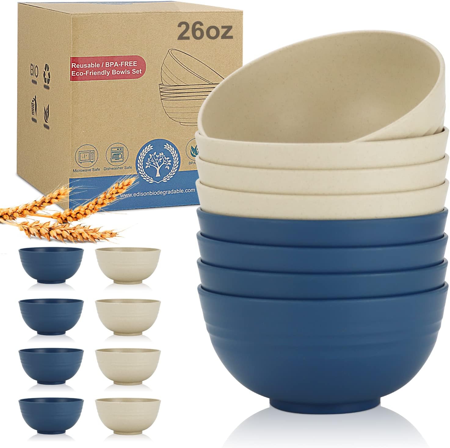 Wheat Straw Bowl Sets,8 PCS Unbreakable Cereal Bowls 26 OZ,Microwave and Dishwas...