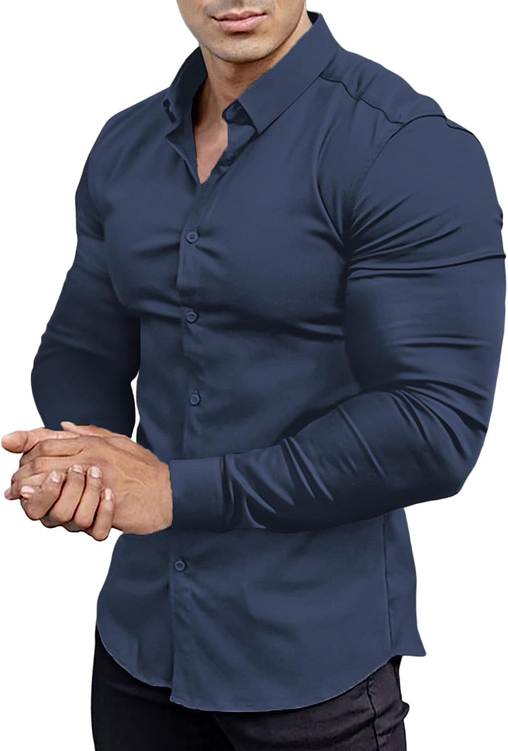 Men’s Muscle Fit Dress Shirts Athletic Slim Fit Long Sleeve Stretch Casual Butto...