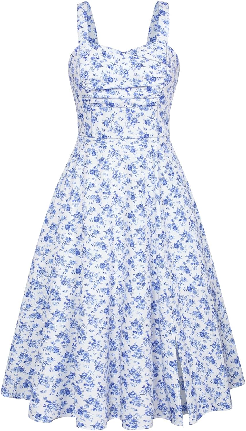 Belle Poque Women 1950s Midi Dress Sleeveless A Line Vintage Pleated Cocktail Pa...