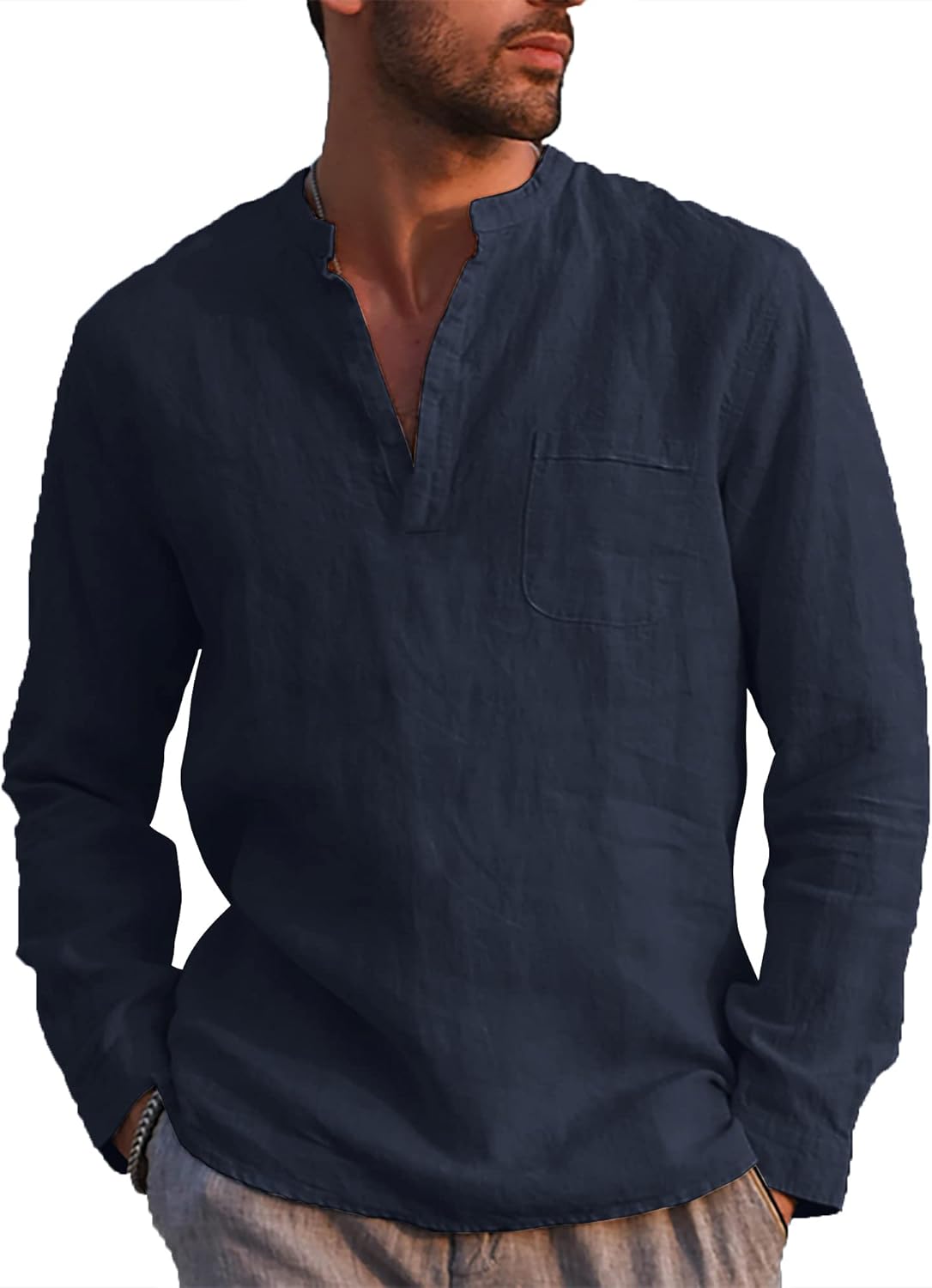 NANAMEEI Men's Cotton Linen Henley Shirt Band Collar Linen Shirt Casual Long Sle...