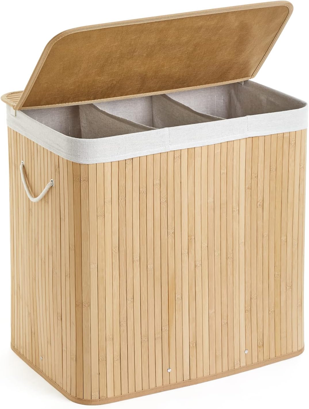 Mondeer Bamboo Laundry Basket Foldable with 3 Sections Storage Hamper with Remov...