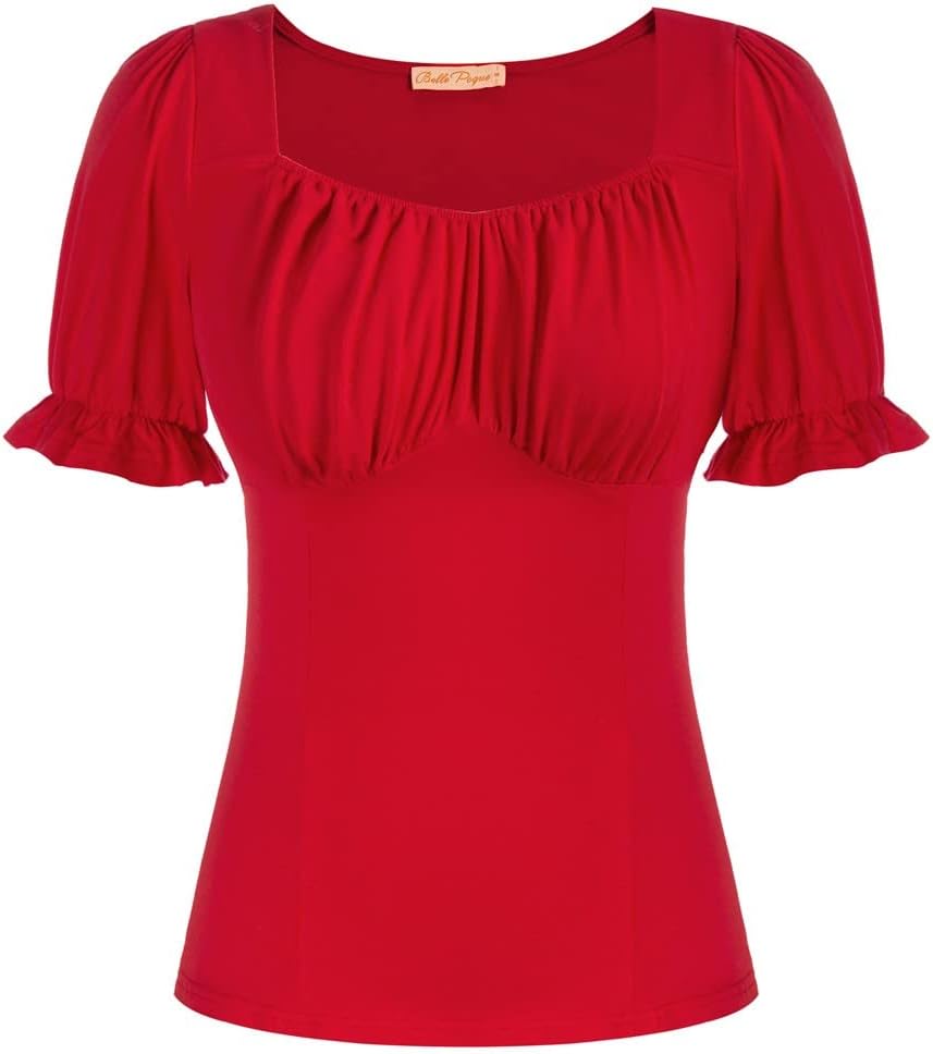 Belle Poque Women Vintage Ruched Tops Retro Puffed Short Sleeve Square Neck Cott...