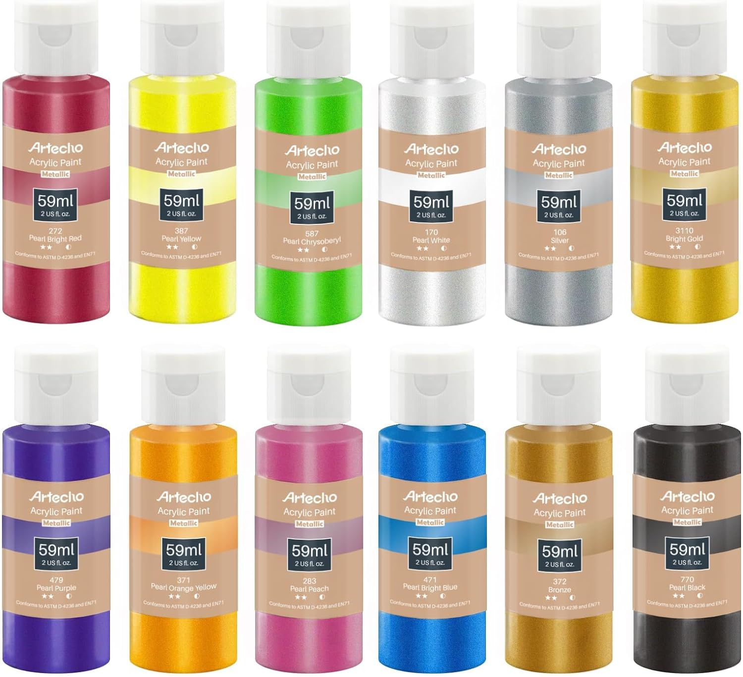 Artecho Acrylic Paint Metallic Acrylic Paint Set for Art, 12 Colors 2 Ounce/59ml...