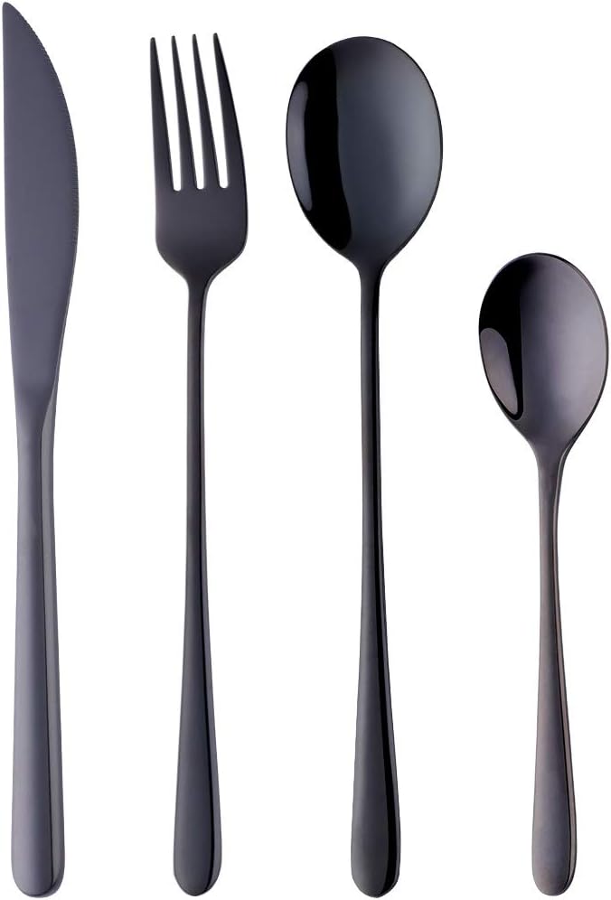 4-Pieces Black Camping Cutlery Set (Steak Knife, Table Fork, Long Spoon and Teas...
